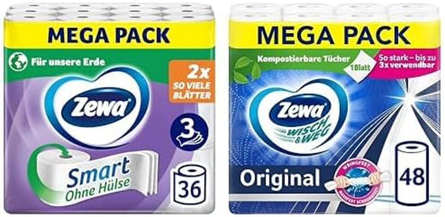 Ekonomipaket Zewa Smart toalettpapper 36 rullar + Zewa Wisch&Weg 48 rullar
