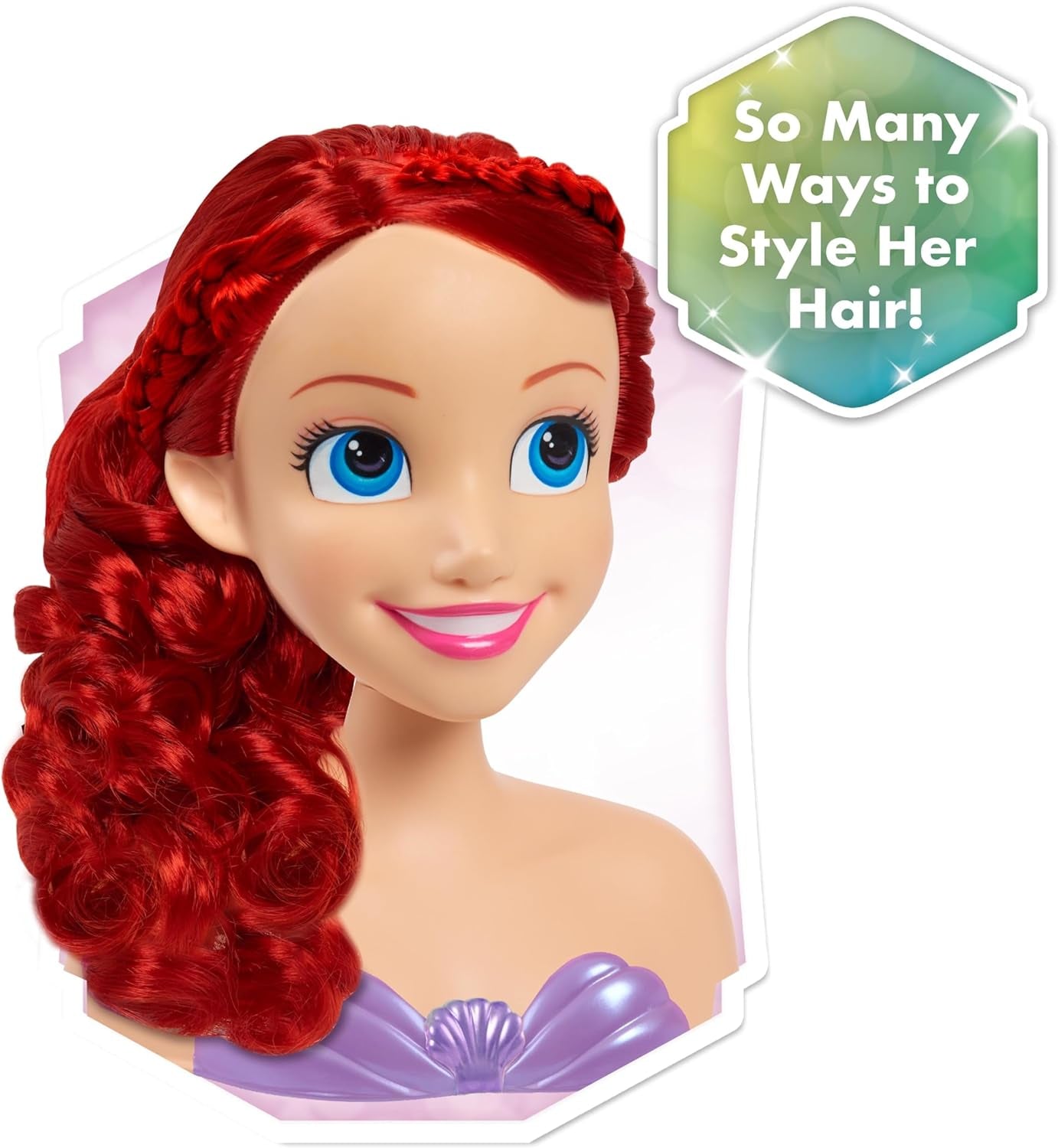 Ariel Just Play Disney Princess Hårhuvud 20 cm med tillbehör 7-delat set rött hår Leksak för barn 3 år och uppåt