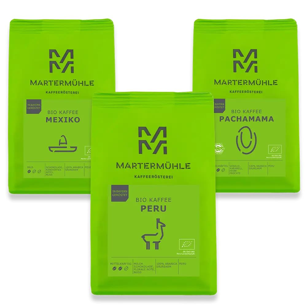 Martermühle ekologiska kaffebönprovset 3x250g lätt/medelstark I Arabica I Hela ekologiska kaffebönor lätt rostade, låg syra (68/74/426)