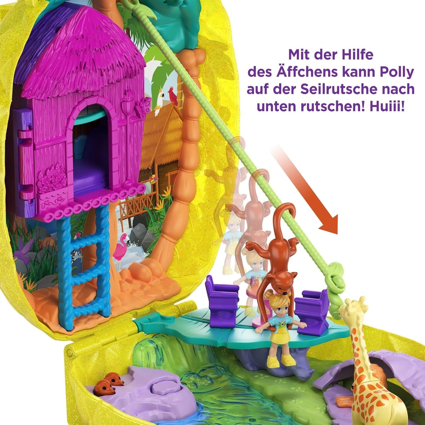 Polly Pocket GKJ64 - Portabel ananasficka Kompakt med 8 roliga funktioner, Polly och Lila dockor, 2 tillbehör och klistermärke; leksak för barn från 4 år och uppåt