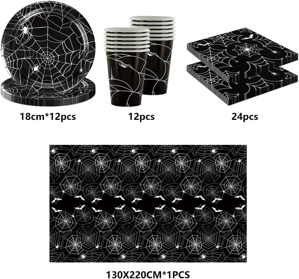 49 delar Halloween Spider Paper Bestick Set Inklusive tallrikar, servetter, glas och bordsduk. Svart servisset med desserttallrikar, servetter och glas.