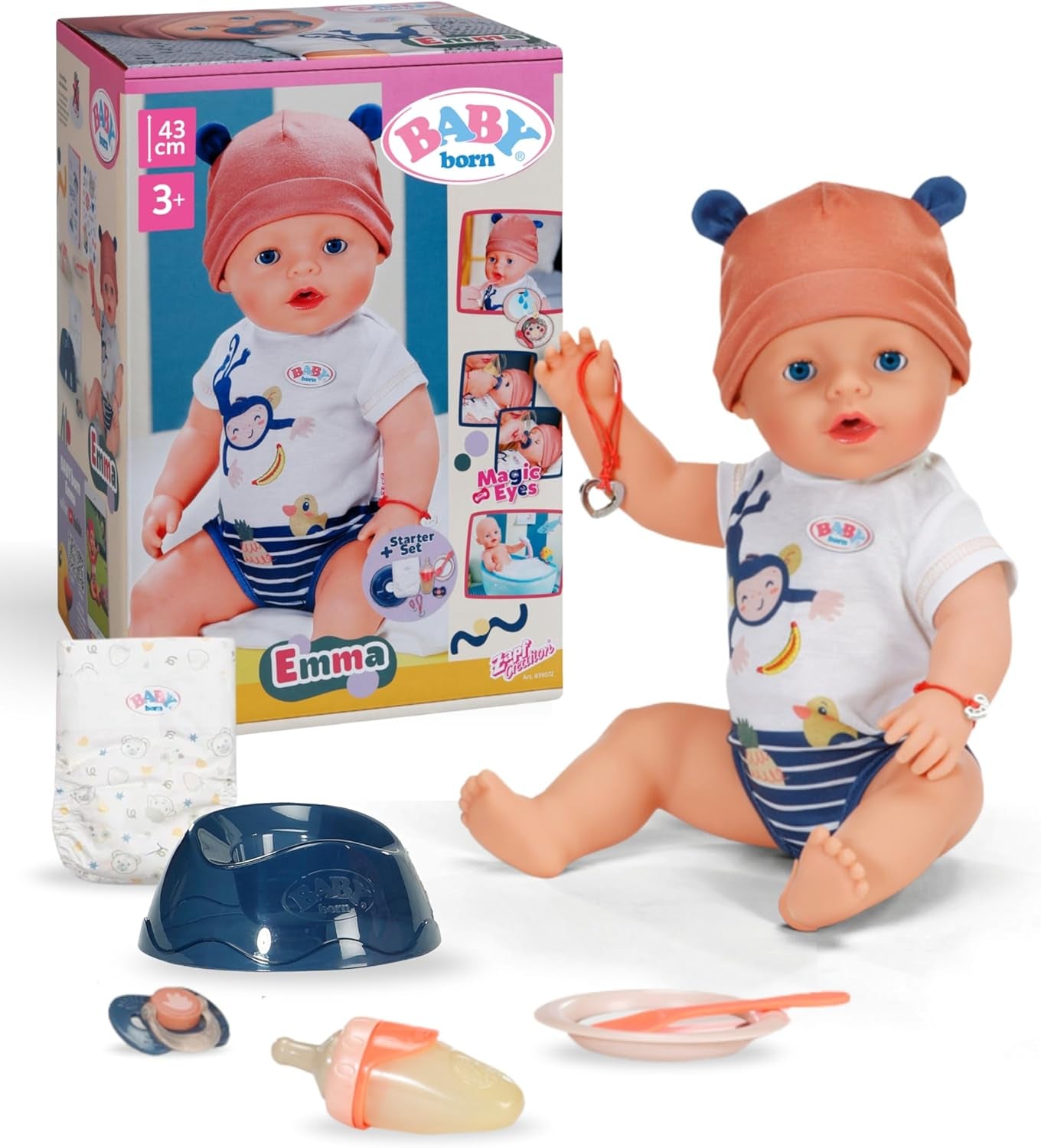 BABY Born Emma i djungelstil - Docka 43 cm lång - 10 funktioner Inklusive accessoarer och klänning i unisexfärger - Fungerar utan batterier - Lämplig för barn från 3 år och uppåt Naty Shop Dolls Standardtitel