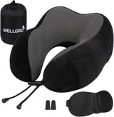 WELLGRO nackkuddsset med 3D-sömnmask och öronproppar - Avtagbart skydd - Memory Foam - Dragkedja - Inklusive förvaringsväska - Resekudde - Valbar färg, Färg:Grå Naty Shop Ortopediska livmoderhalskuddar Svart