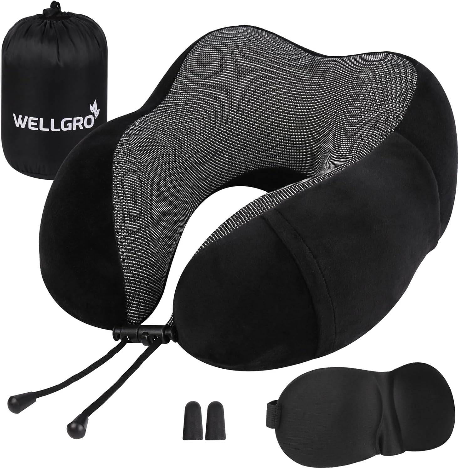 WELLGRO nackkuddsset med 3D-sömnmask och öronproppar - Avtagbart skydd - Memory Foam - Dragkedja - Inklusive förvaringsväska - Resekudde - Valbar färg, Färg:Grå Naty Shop Ortopediska livmoderhalskuddar Svart