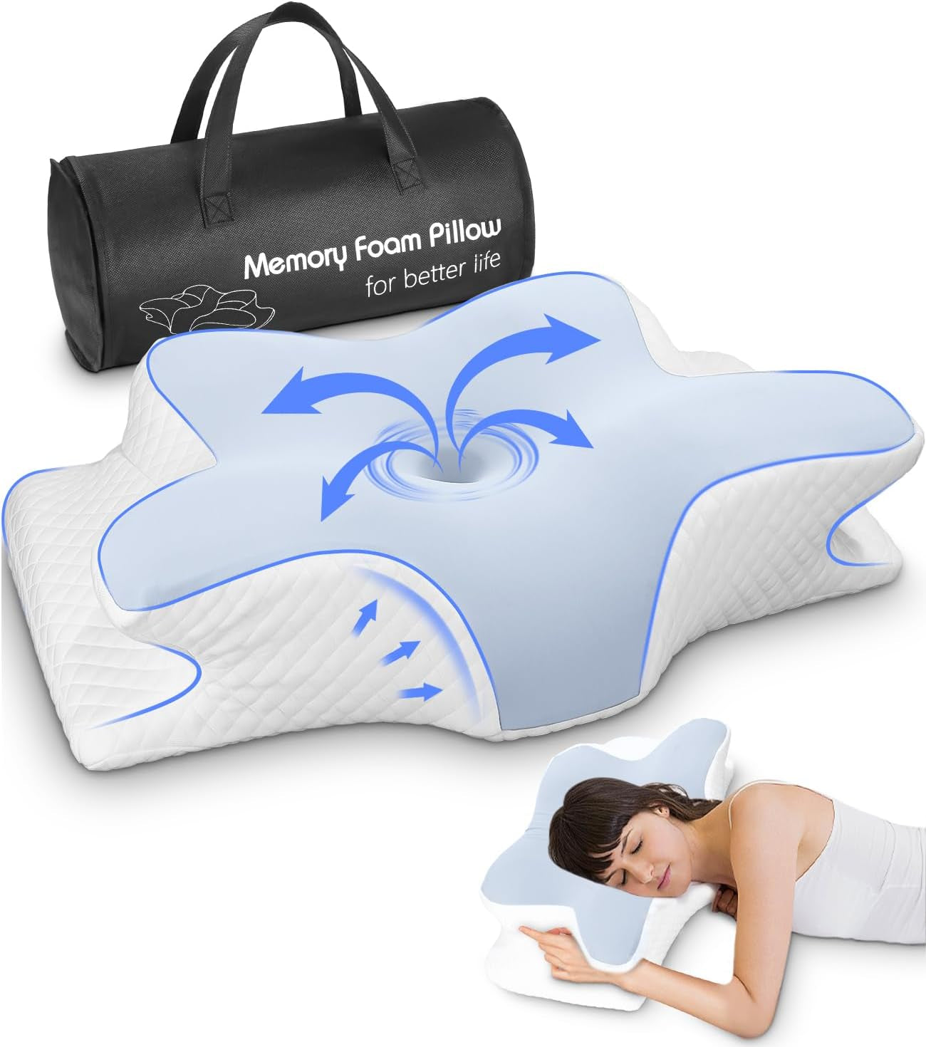 Nackkudde, Sidostödskudde, Memory Foam Kudde, Ortopedisk Kudde, Ergonomisk Nackstödskudde för optimalt stöd Rygg och mage Sidostödskudde (62 X 41 X 13CM) Cervikala ortopediska kuddar Naty Shop Blue