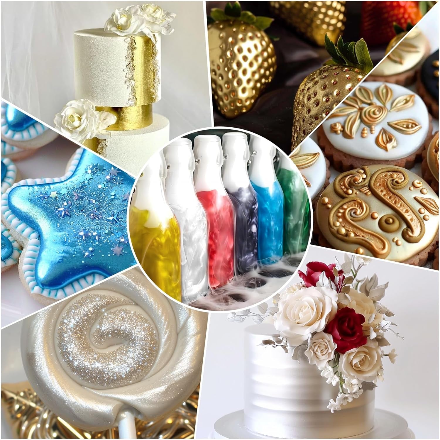 Essbarer Glitzer - 3 Torten Kuchen Deko Essbare, Metallic Lebensmittelfarbe Flüssiges, Ätbart Glitter Für Muffin, Cocktail, Marshmallows - 10Ml Naty Shop