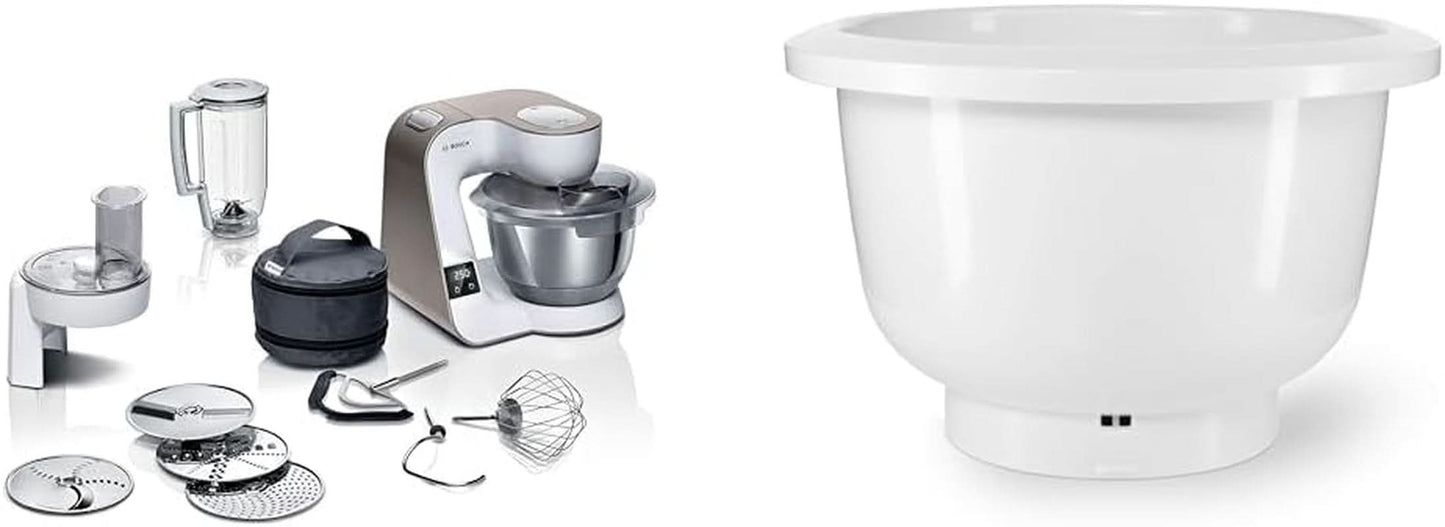 Bosch Series 4 MUM5X720 matberedare, integrerad våg, skål i rostfritt stål 3,9L, mixer 1,25L, 1000W Tillbehör Mat och Amning Baby Naty Shop Paket med mixerskål Champagne Vit 2 tillbehör