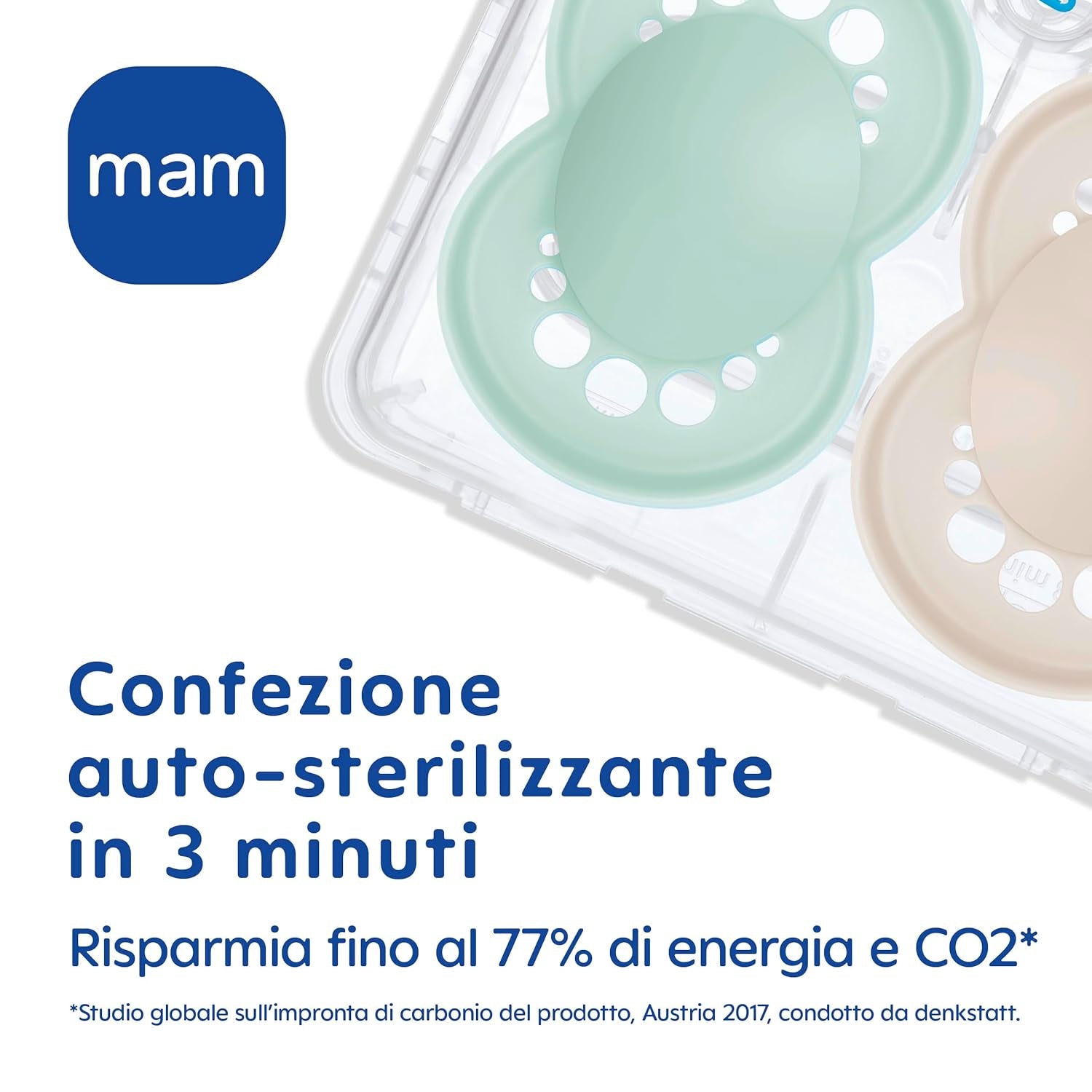 MAM Napp 6+ månader (2 Pack) MAM 6-16 Months Glow in the Dark med gumminapp, 2 Pack med steriliserande napphållare, Ljusblå/Ljusblå
