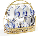 Fanquare Blue Flower Porslin teservis med metallställ Vintage porslin kaffekopp och fat Engelsk kaffeservis för vuxna