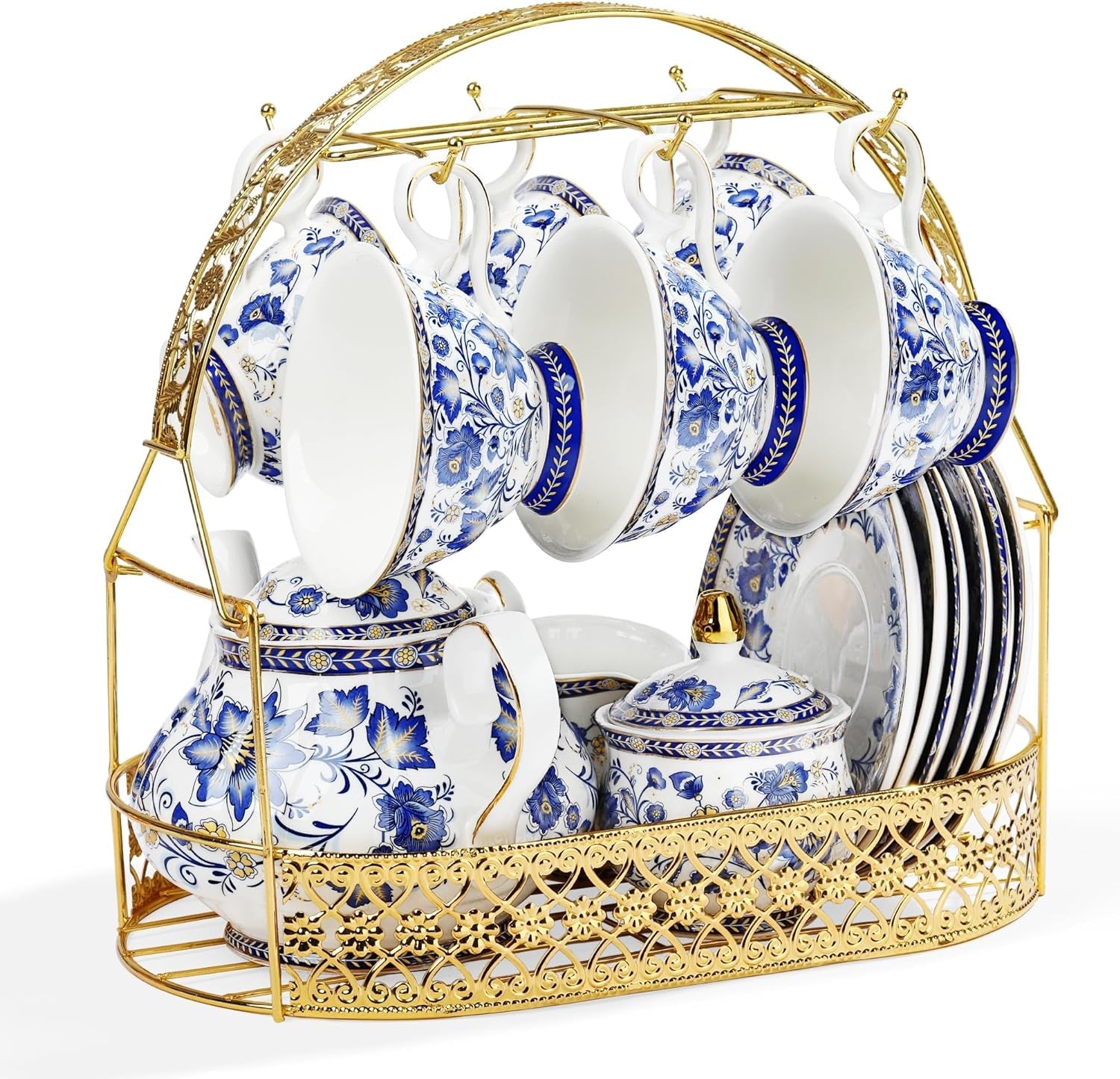 Fanquare Blue Flower Porslin teservis med metallställ Vintage porslin kaffekopp och fat Engelsk kaffeservis för vuxna