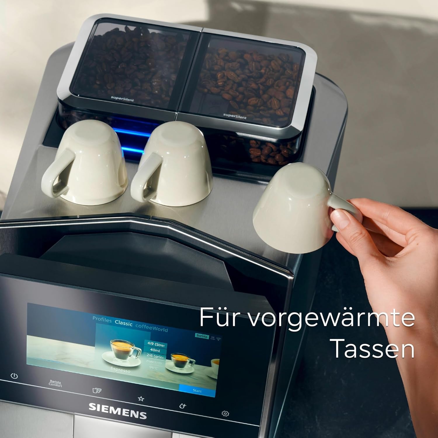 Siemens EQ900 automatisk espressomaskin, stor TFT-färgskärm, 2 bönbehållare, 36 varma och kalla drycker, kallt kaffe, supertyst, tvåkoppsfunktion, appkontroll, rostfritt stål, TQ907D03