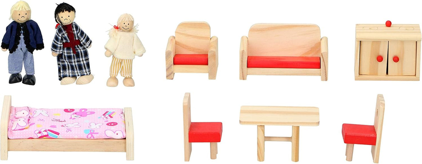Marionette Wooden Toys - Dockhus i trä med möbler och dockor - 11 stycken Dockhus Naty Shop