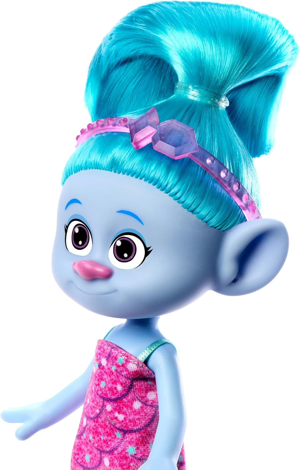 Mattel DREAMWORKS TROLLS United We Stand - Chenille Hairy Surprises Doll med gnistrande blått hår, lila pannband, från 3 år och uppåt, HNF15