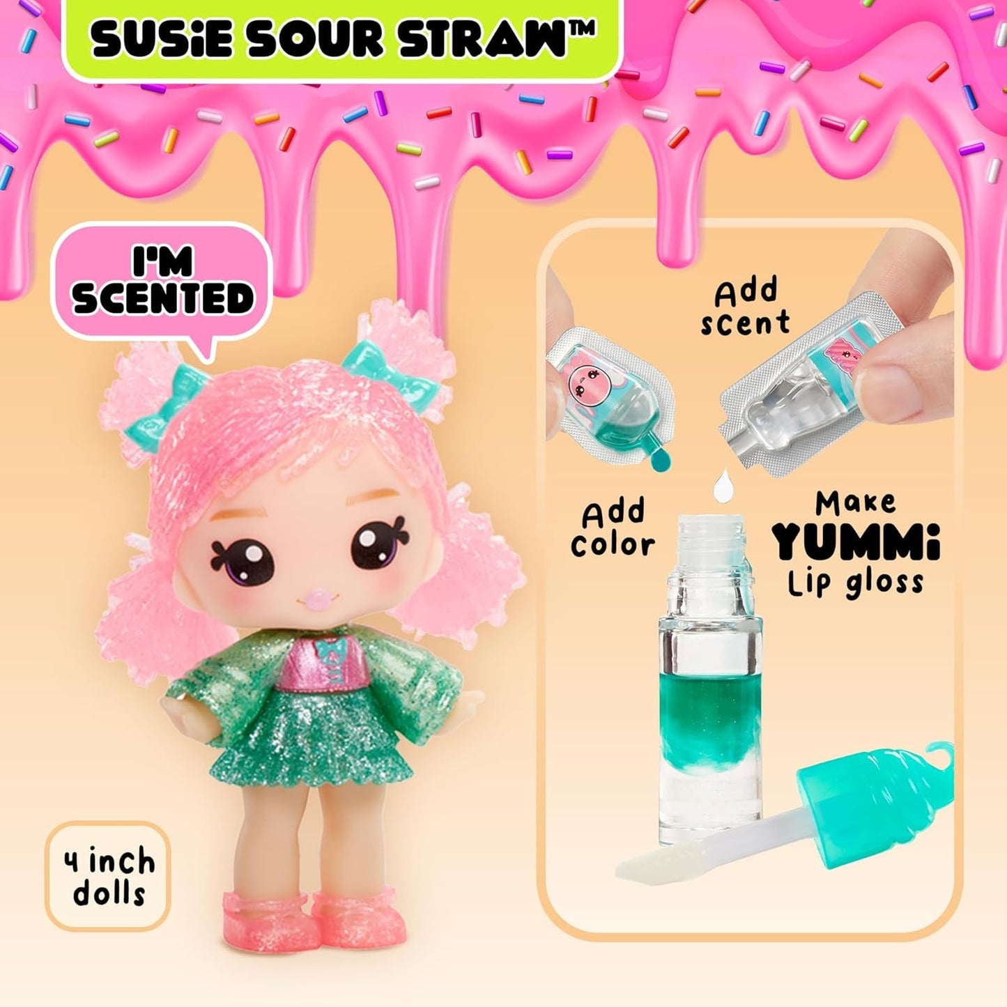 Yummiland Lip Gloss Doll - Susie Sour Straw - Inkluderar DIY Lip Gloss Kit, lämplig för åldrar 4+, Serie 2
