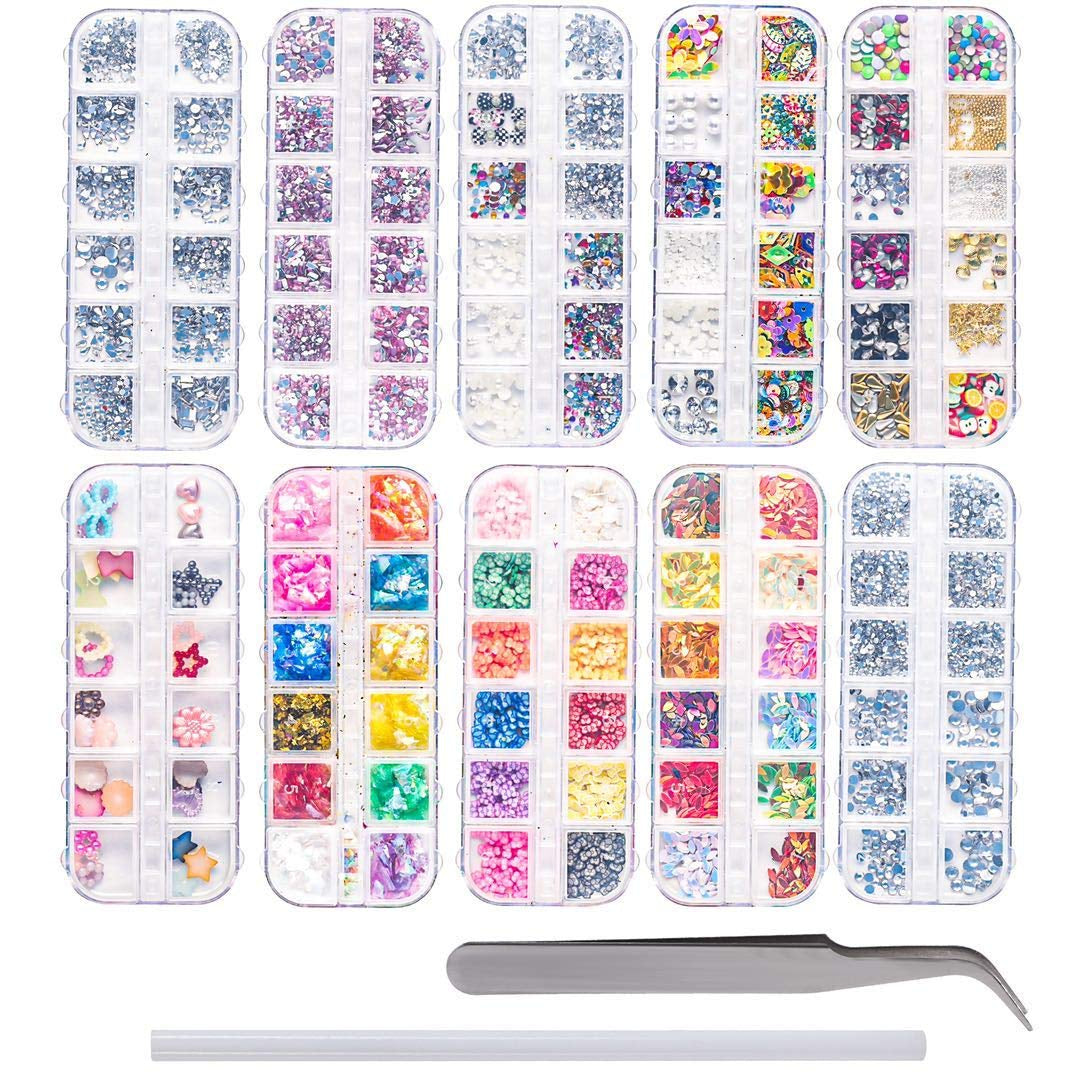 10 lådor Nail Rhinestones Kit, multifunktionella tillbehör med 1 pincett, dekorativa diamanter, kristaller, pärlor, ädelstenar, färgglada, blandade, hästögon, metalliska stenar, för DIY-nageldekorationer