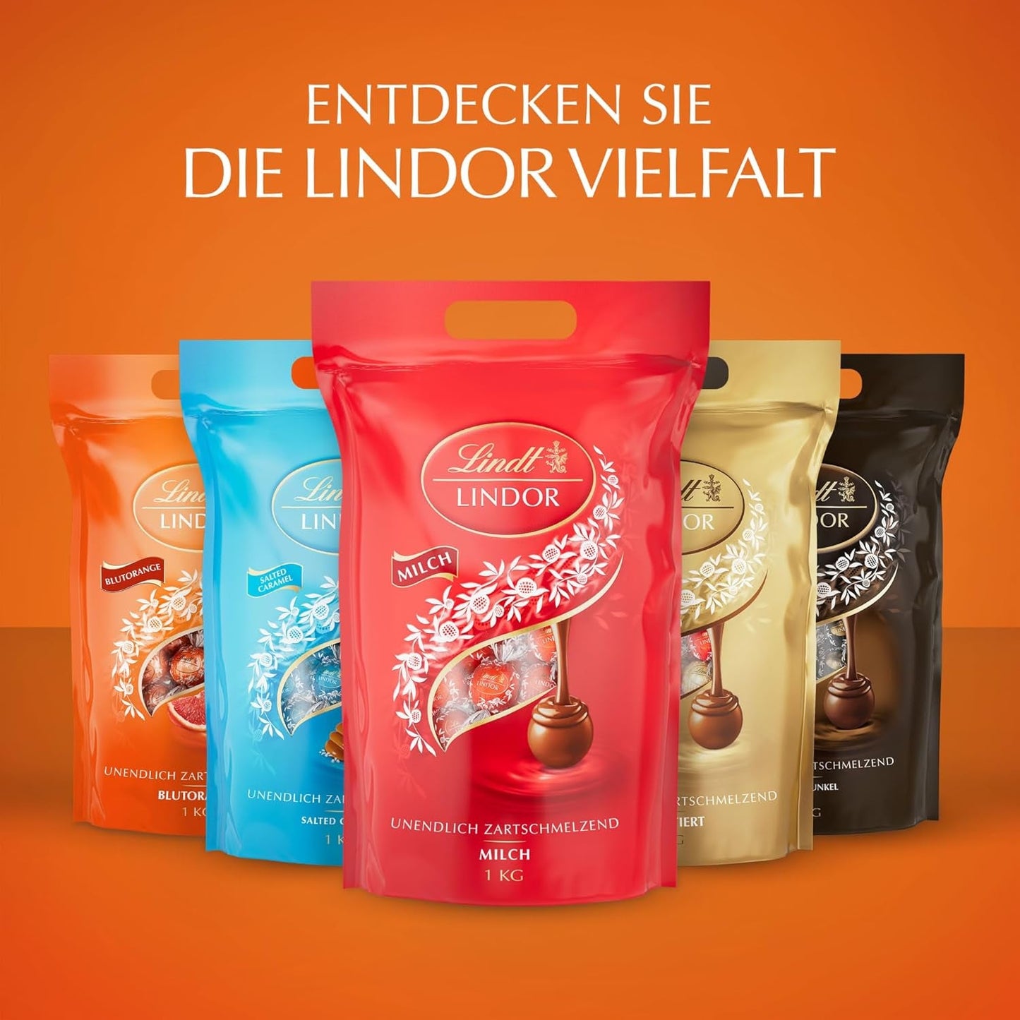 Lindt LINDOR Röda Orange Chokladbollar | 1 kg återförslutningsbar påse | ca. 80 chokladgodisar med smält-i-mun-fyllning | Bulkpaket, chokladpresent