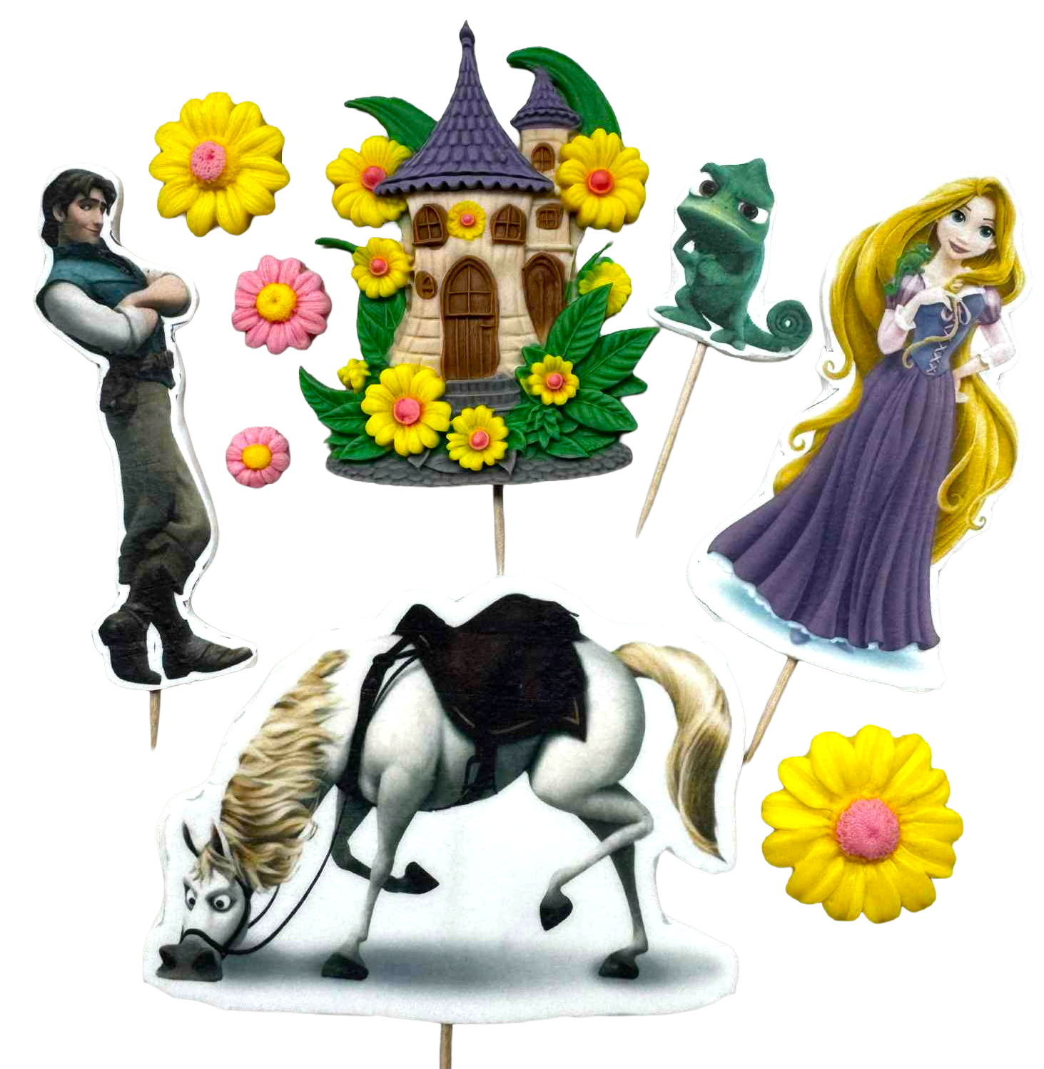 DulceCraft Set med 9 Rapunzel ätbara dekorationer - Sugar Paste Figures 1-10 cm För kakor