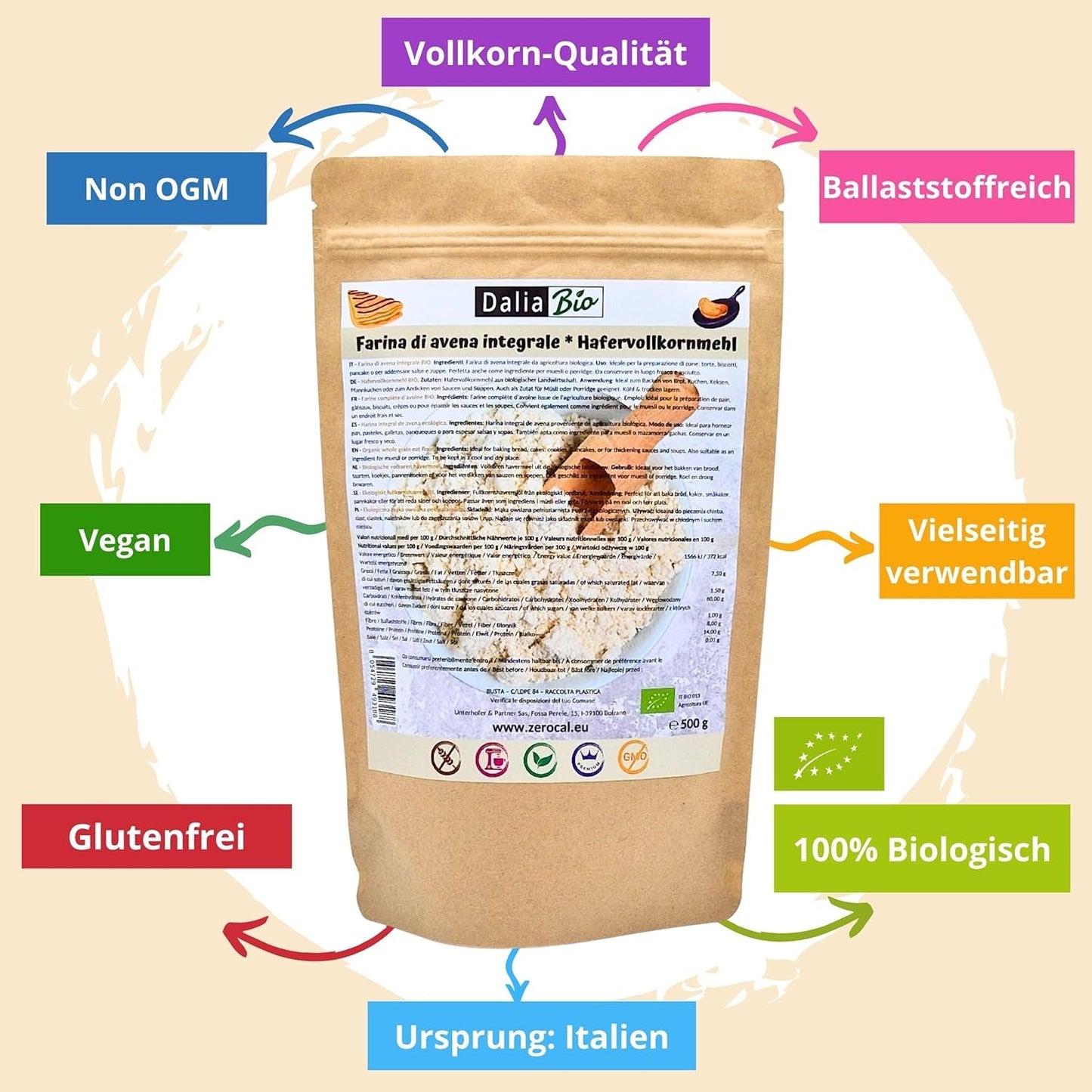 Dalia - Ekologiskt havremjöl 500g | Glutenfri | Rik på fibrer och protein Ursprung: Italien | För bröd, kakor, gröt och fitnessrecept | Premium kvalitet