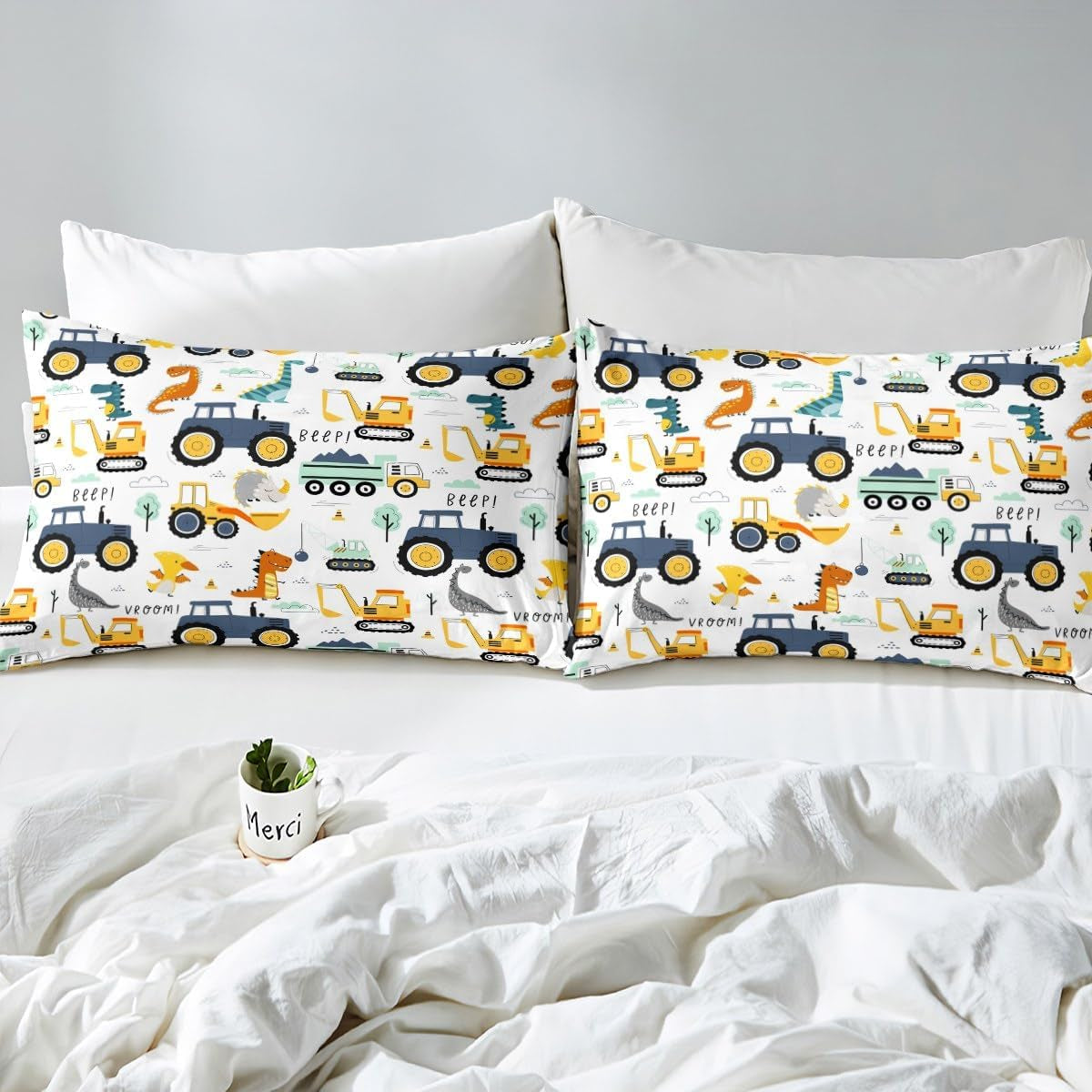 Jungen Cartoon Car Sängkläder Set 135X200,Kinder Bau Fahrzeuge Tröster Abdeckung Für Kind Kleinkind Teens,Dinosaurier Bettbezug,Traktor Maschinerie Bagger Bettdecke Abdeckung,Lkw Autos Bettdecke Naty Shop
