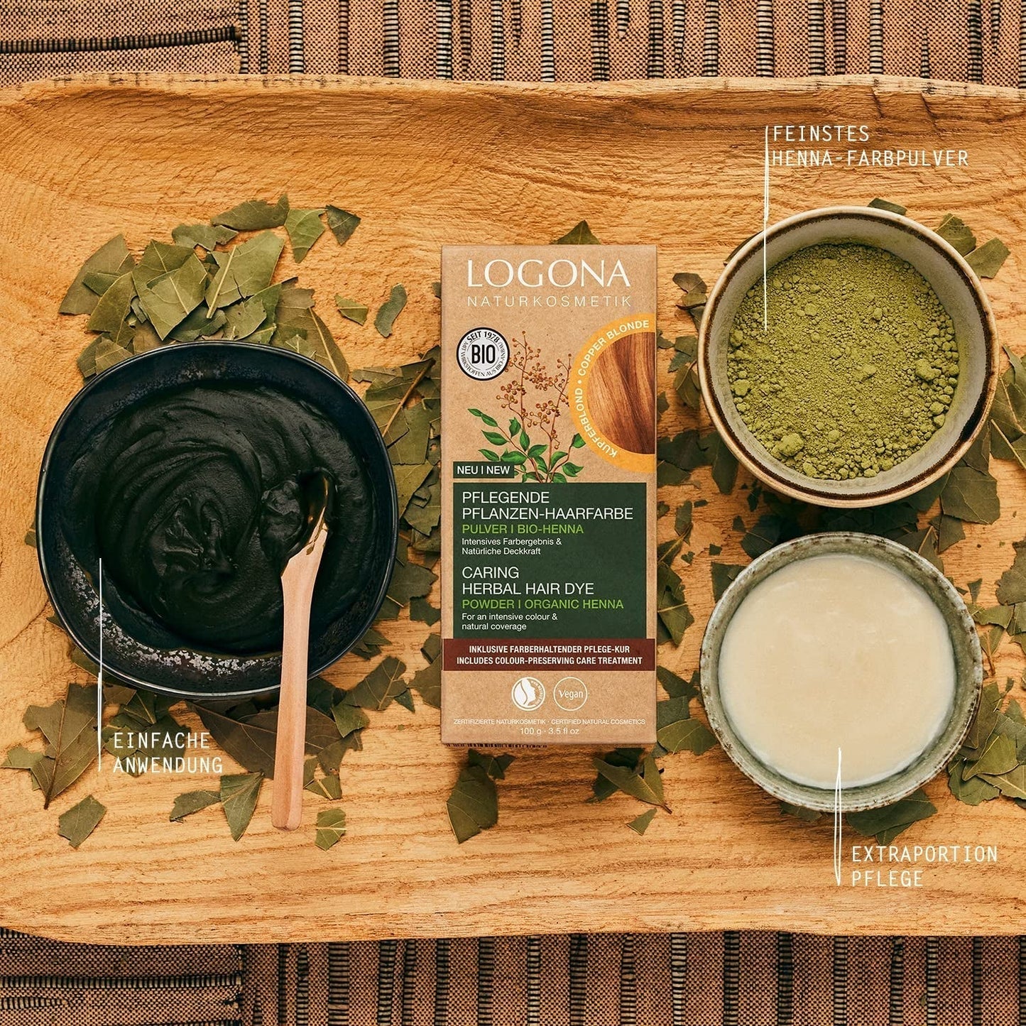LOGONA Natural Cosmetics Örtvårdande hårfärgningsmedel, organiskt hennapulver Vegansk hårfärg för intensiv färg och glans, örtfärgat hårfärg i kopparblond (blond), 1 x 100 g Naty Shop hårfärgning