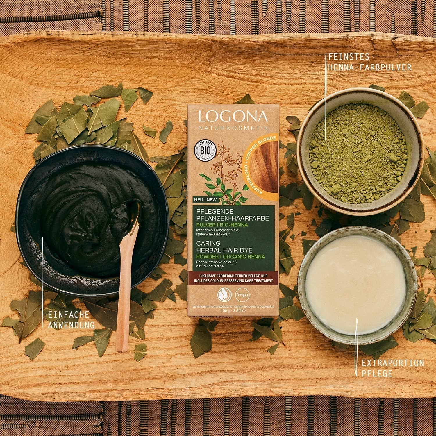 LOGONA Natural Cosmetics Örtvårdande hårfärgningsmedel, organiskt hennapulver Vegansk hårfärg för intensiv färg och glans, örtfärgat hårfärg i kopparblond (blond), 1 x 100 g Naty Shop hårfärgning