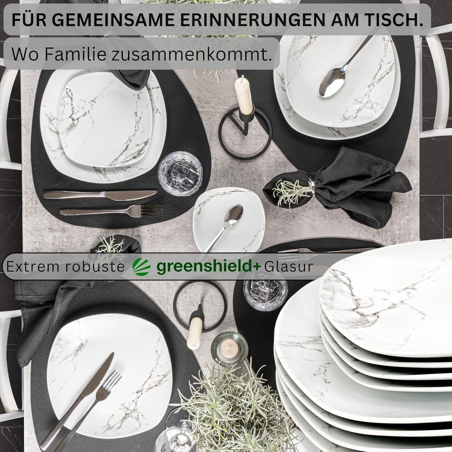 SANGER | Bilgola Marble Combination Servis Set 36-delat Servis Set för 6 med middagstallrikar, desserttallrikar, sumatallrikar, spannmålsskålar, kaffetallrikar och porslinsfat, fyrkantiga | PREMIUM KOLLEKTIONEN