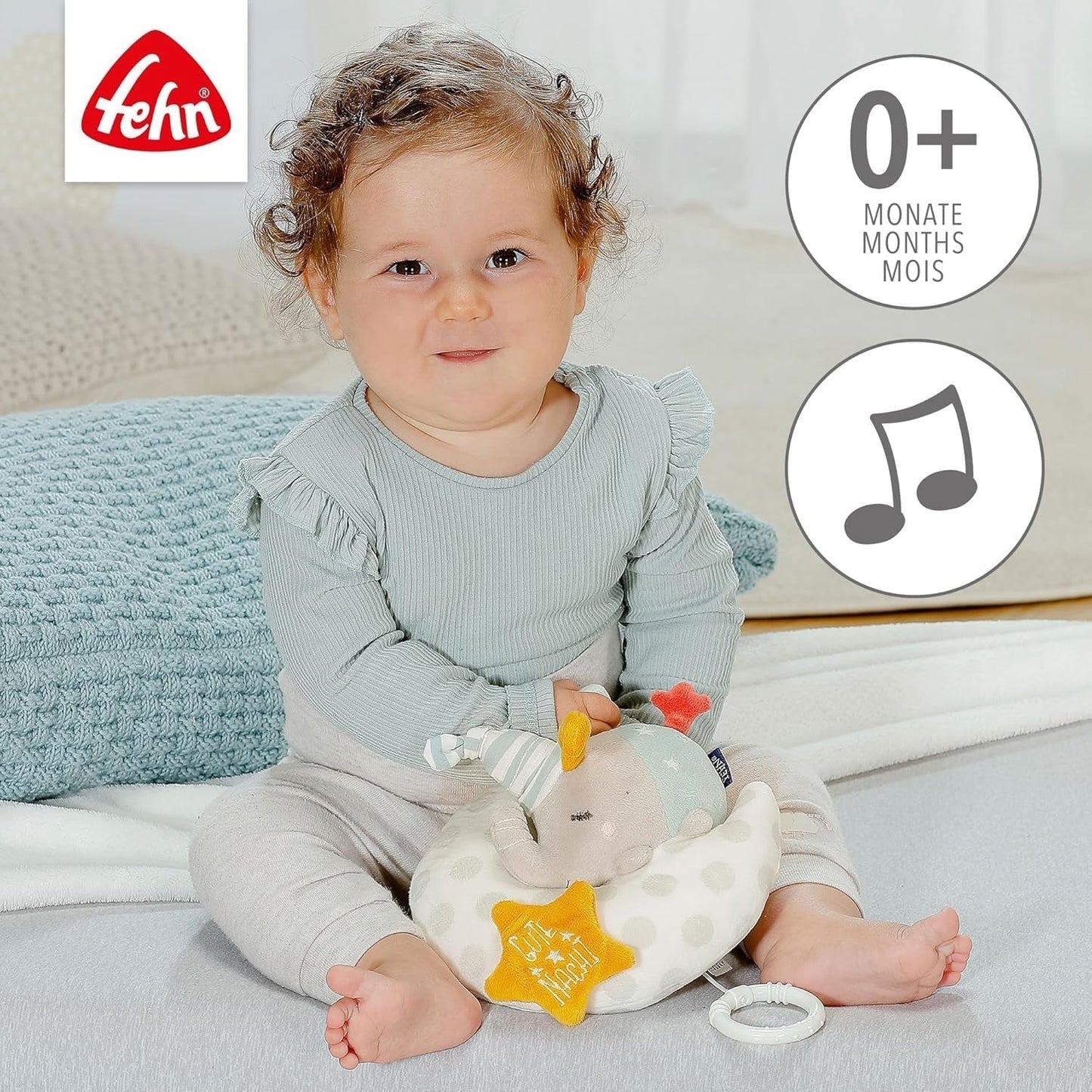 Fehn speldosa babyelefant i månen - broderi "Glow-in-the-dark" med låten "The moon has risen" - plyschleksak som hjälper dig att somna - leksak för barn på resande fot och hemma - från 0+ månader Baby Toys Naty Shop
