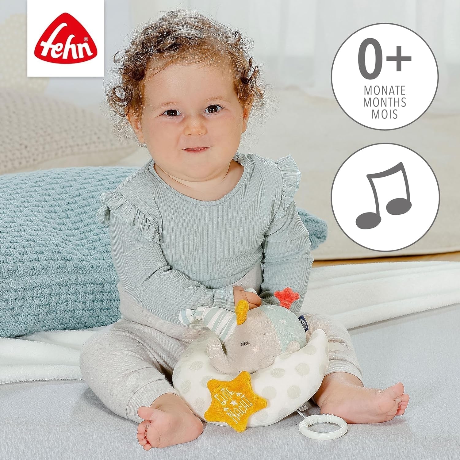 Fehn speldosa babyelefant i månen - broderi "Glow-in-the-dark" med låten "The moon has risen" - plyschleksak som hjälper dig att somna - leksak för barn på resande fot och hemma - från 0+ månader Baby Toys Naty Shop