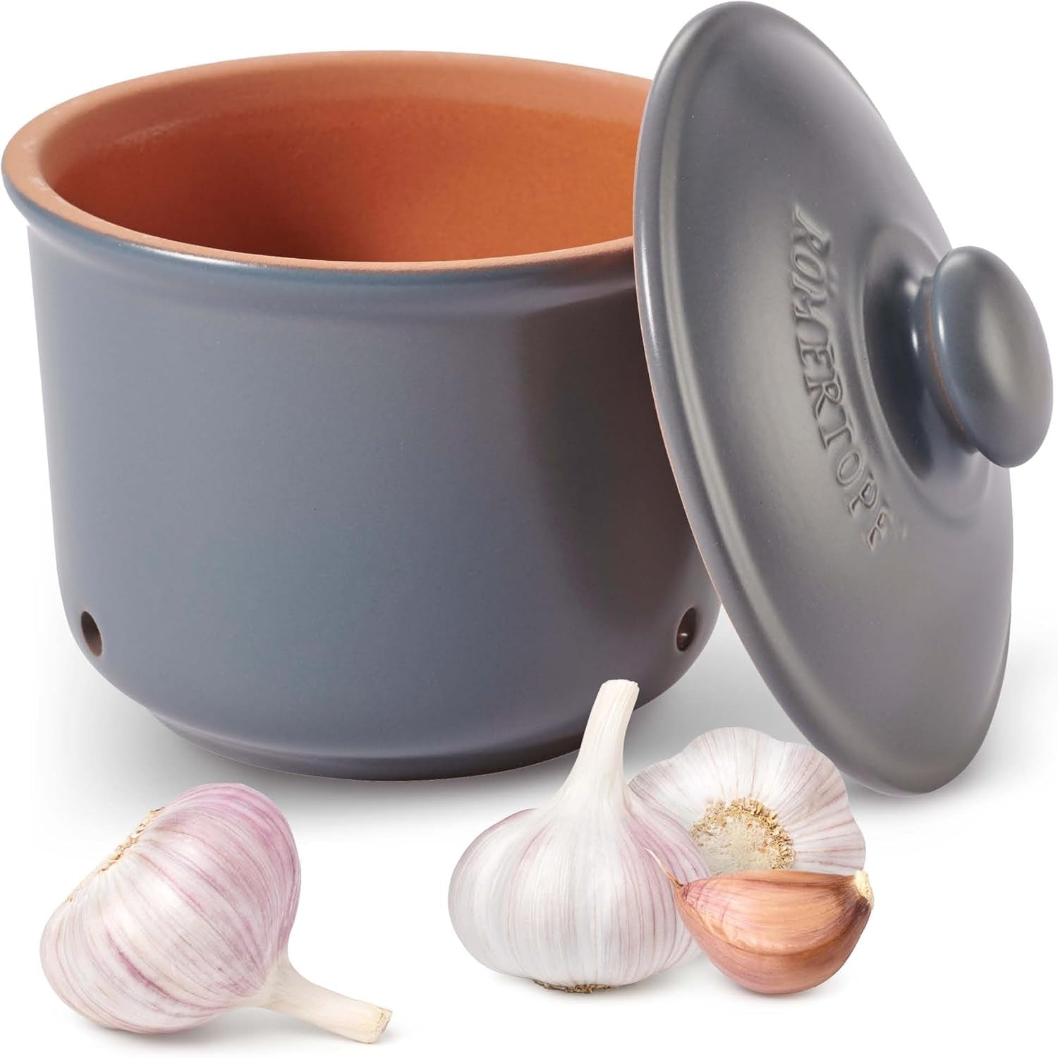Römertopf vitlöksgryta färsk kruka gjord av naturlig lera för lång hållbarhet av mat som vitlök Ø 12,5 cm vit Matförvaringslådor Naty Shop Standardtitel