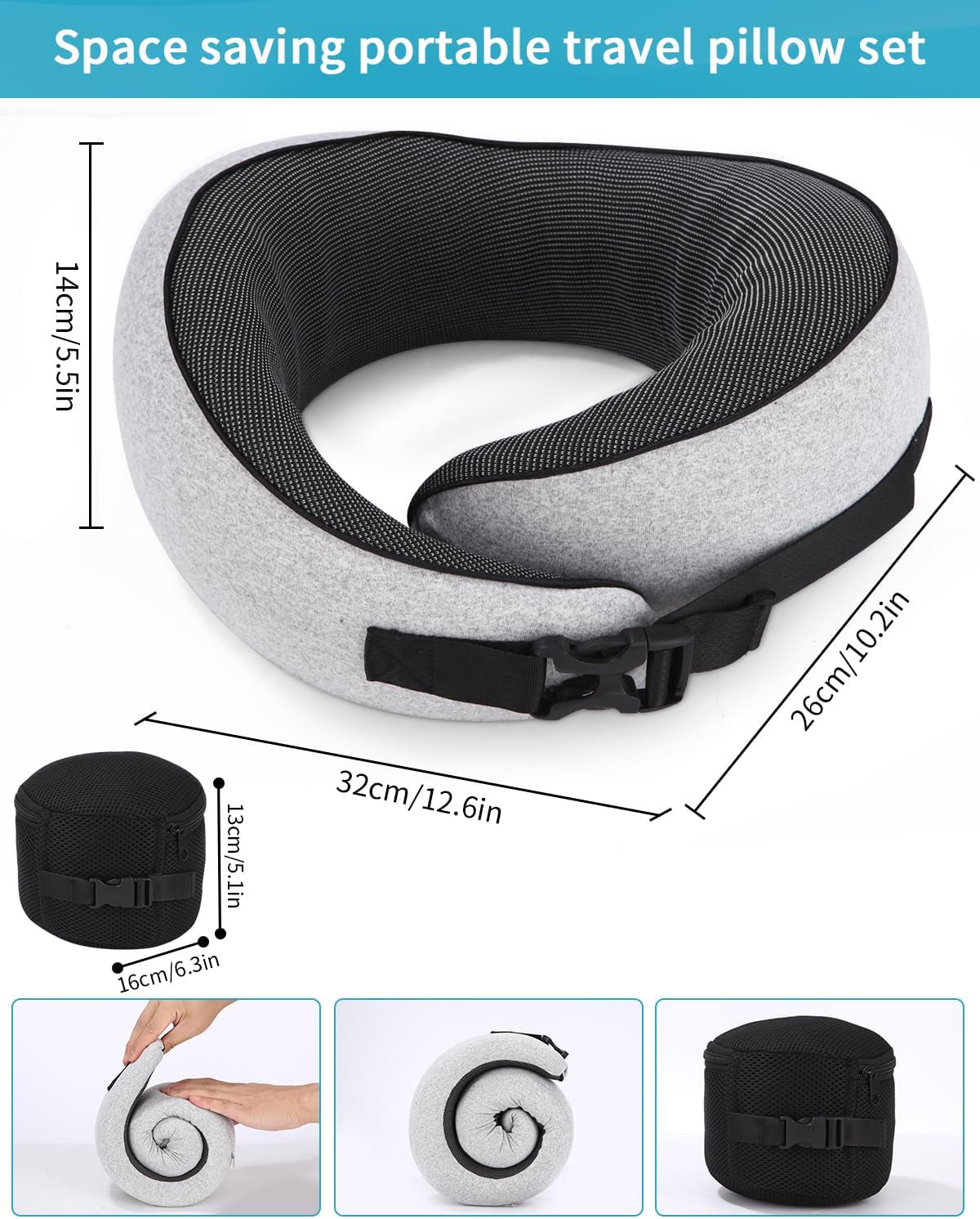 Flygplans nackkudde, Memory Foam resekudde, vuxen nackkudde, justerbar tvättbar flygplanskudde, ergonomisk resekudde (grå) cervikala ortopediska kuddar Naty Shop