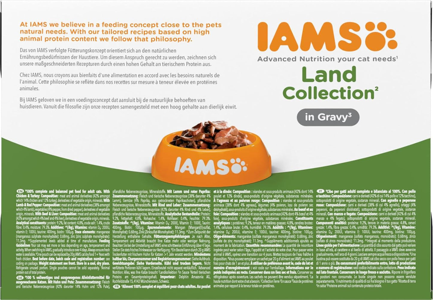 IAMS Delights Land Collection Våtfoder för katter - Multipack med köttsorter (lamm, nötkött, kyckling och kalkon) i sås, våtfoder för katter från 1 år, 12 x 85g
