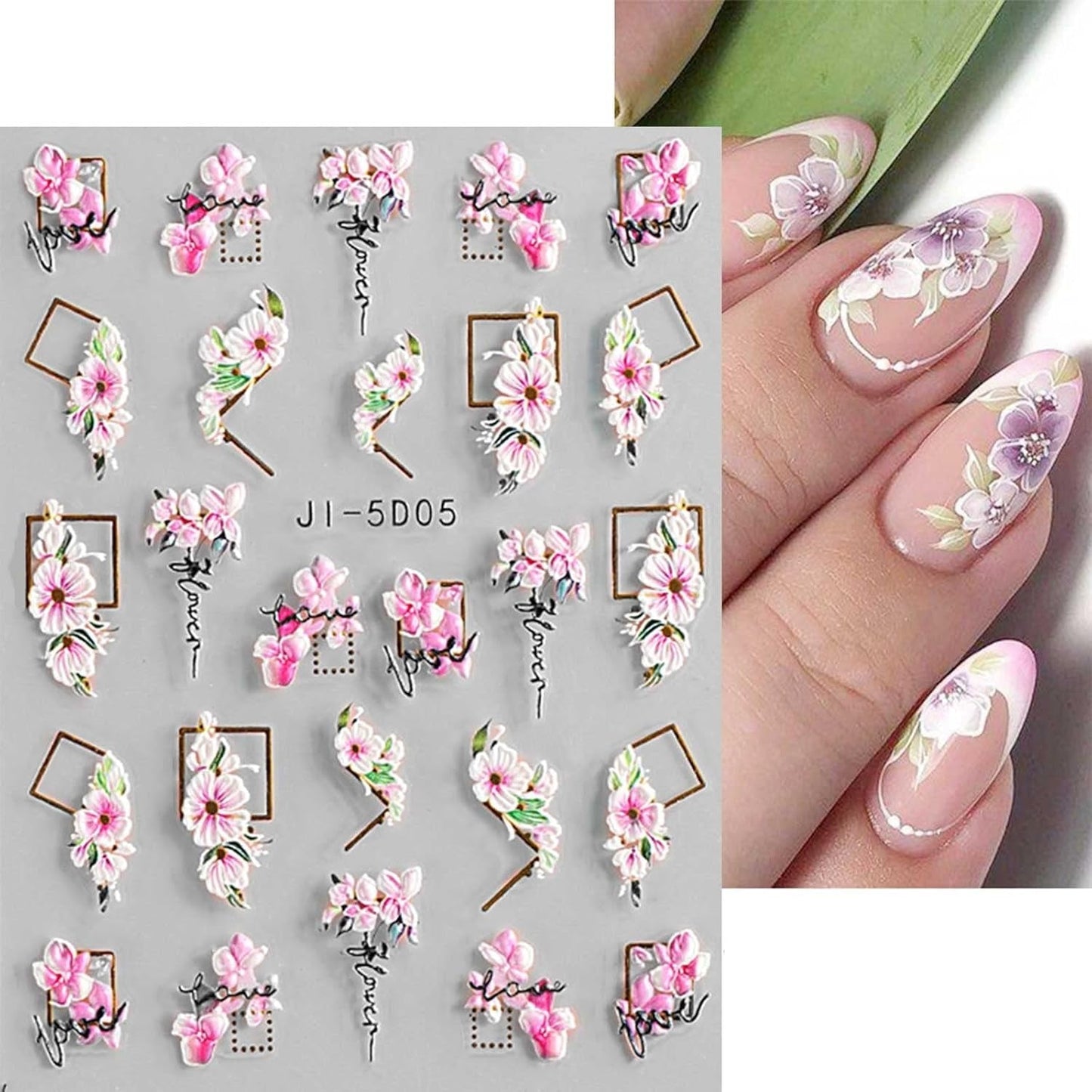 JMEOWIO 3D Nagelsticker Frühling Blume Nail Art Sticker Selbstklebend Nagelaufkleber 5D Stereoskopisk Blumen Dekoration Nageldesign Zubehör 4 Blatt