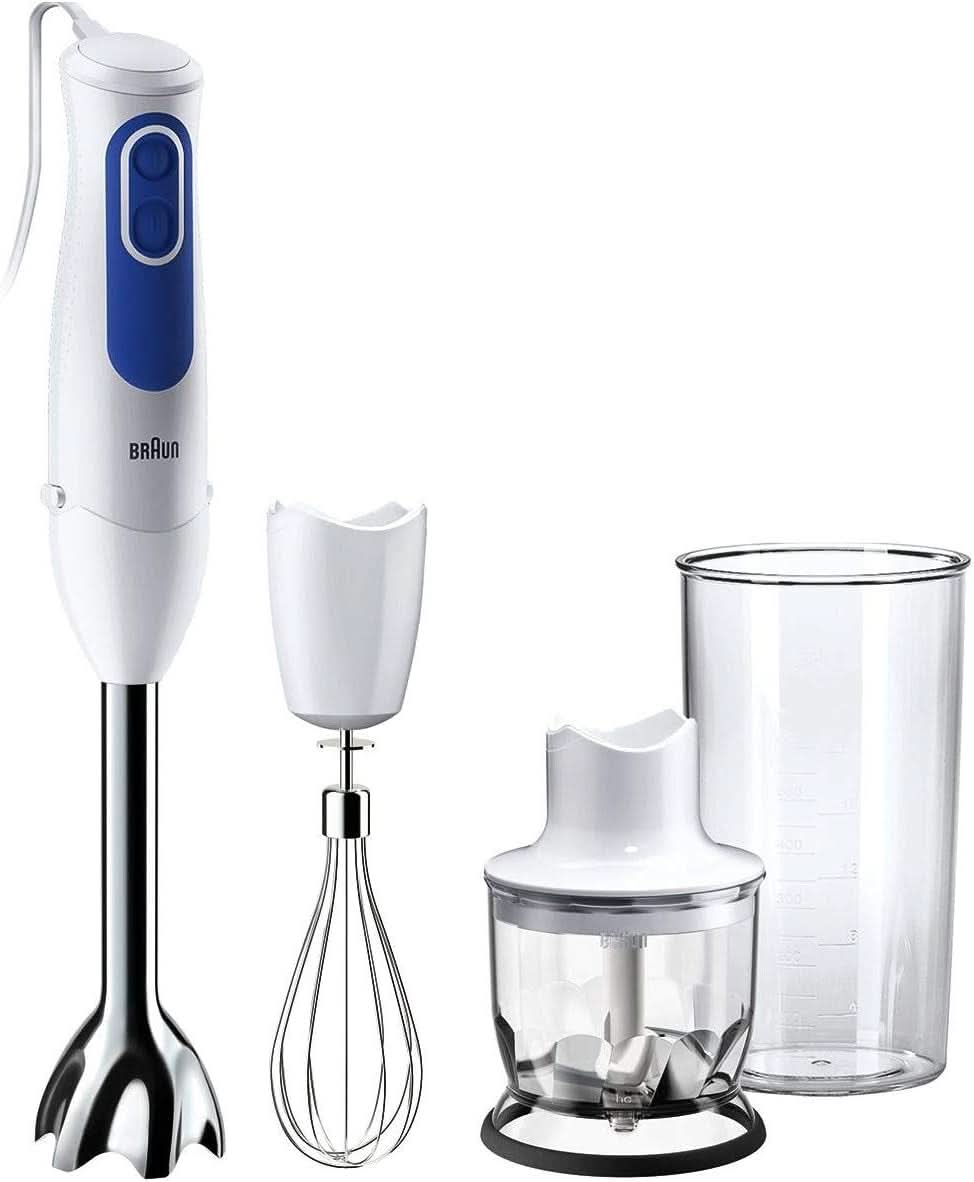 Braun Multiquick 3 MQ 3000 Smoothie+ Stabmixer – Pürierstab Mit 2 Geschwindigkeiten, Powerbell plus Und Splashcontrol-Technologie, 700 Watt, Inkl. 600 Ml Mix- & Messbecher, Blau/Weiß Kitchen Naty Shop Mq3025 Omelett