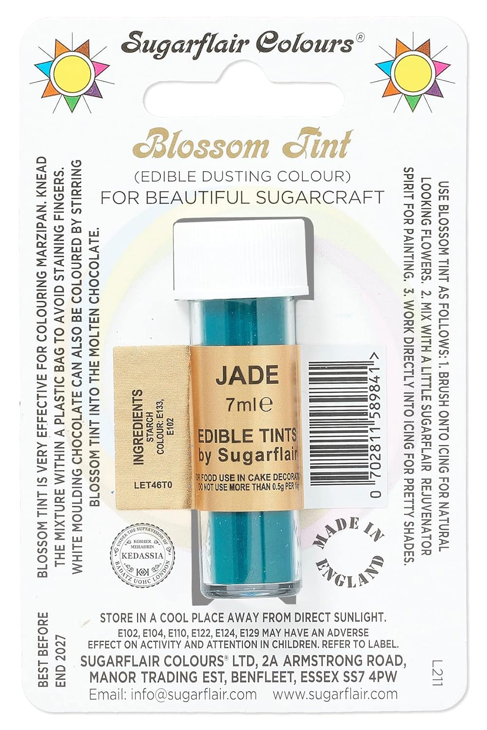 Matfärgningspulver Sugarflair Blossom Tint Dusting Jade - Livsmedelsfärgpulver för att dekorera färgad sockerpasta, fondant, glasyr, choklad, smörkräm, makroner - 7ml