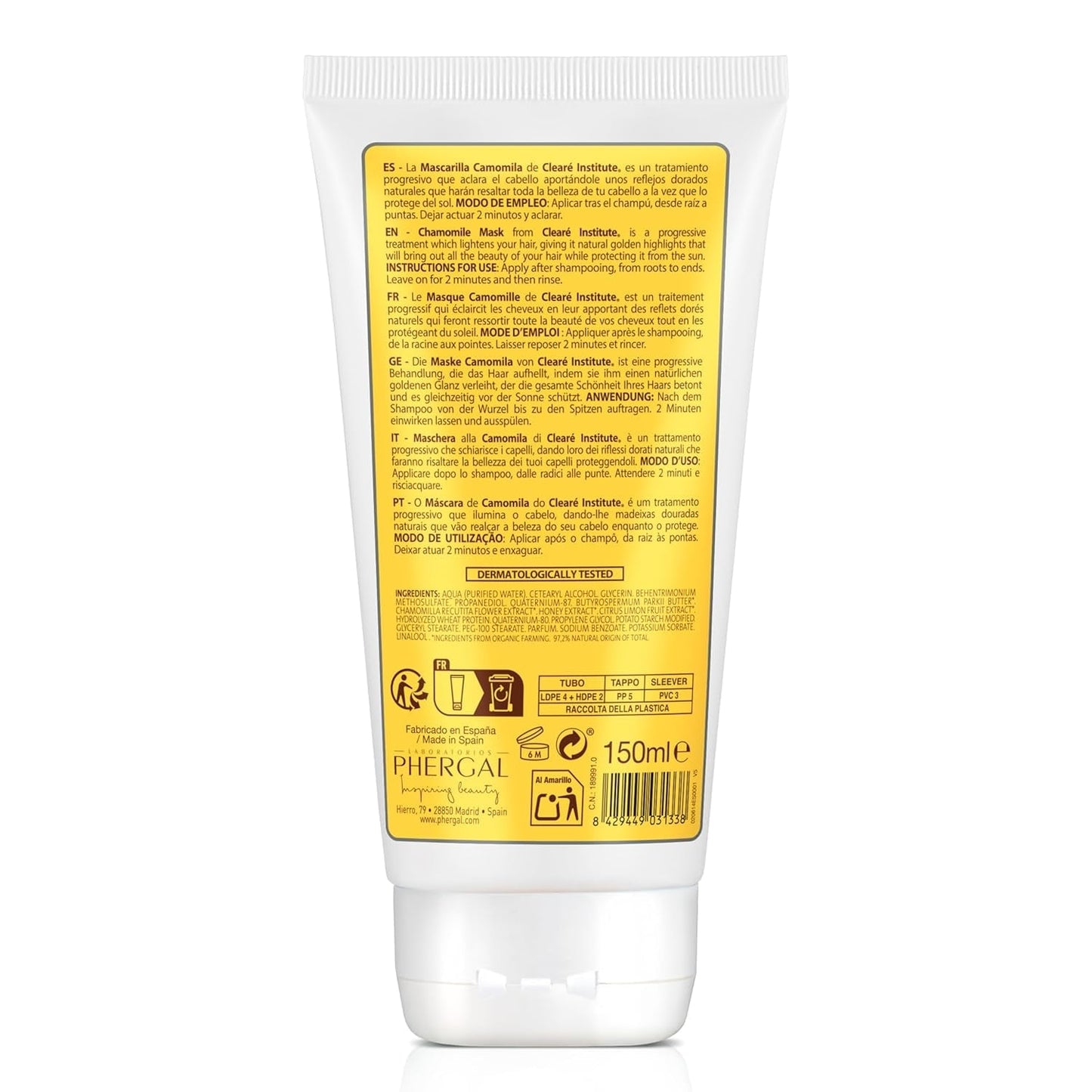 Clearé Institute | Kamomillmask | Ger näring, tillstånd och reder ut | Golden Shine and Shine | 97% naturliga ingredienser | Lugnar hårbotten Med kamomillextrakt |150 ml Naty Shop hårmask