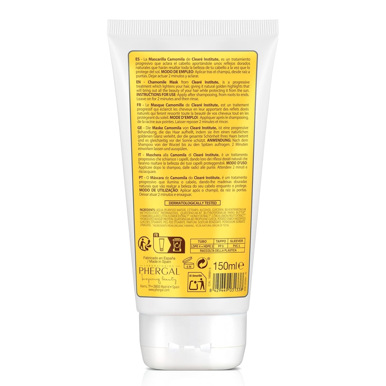 Clearé Institute | Kamomillmask | Ger näring, tillstånd och reder ut | Golden Shine and Shine | 97% naturliga ingredienser | Lugnar hårbotten Med kamomillextrakt |150 ml Naty Shop hårmask