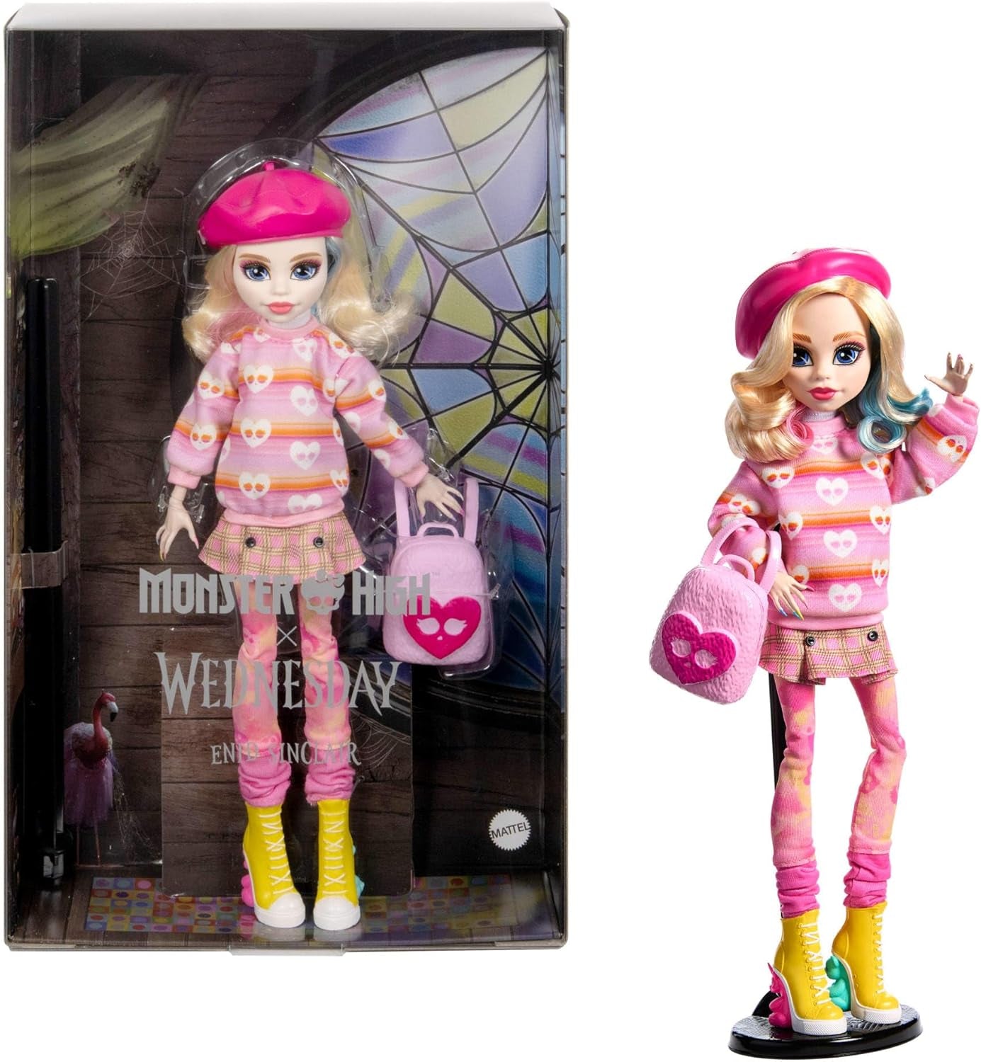 Monster High onsdagsdocka och tillbehör Enid Sinclair Rosa basker och ryggsäck Samlarfigur dockställ HXJ05 Naty Shop Dolls Standardtitel