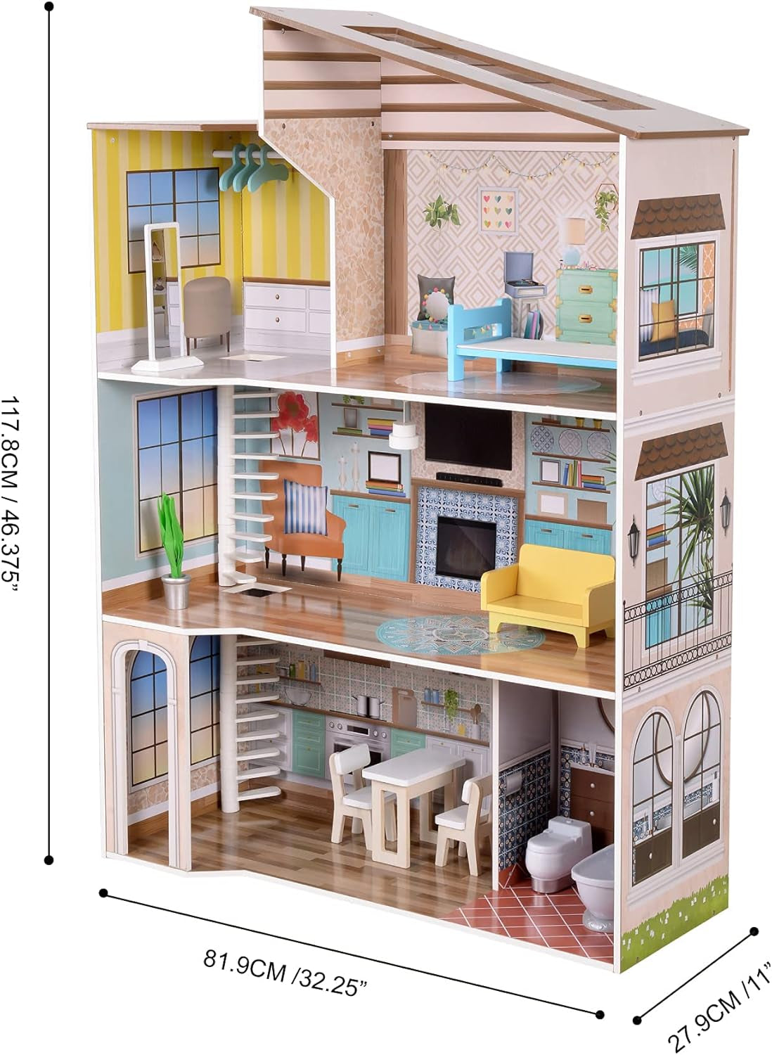 Olivia's Little World Modern medelhavsstil 3-våningars interaktivt dockhus i trä för barn med 17 tillbehör till dockmöbler Flerfärgad TD-13551B