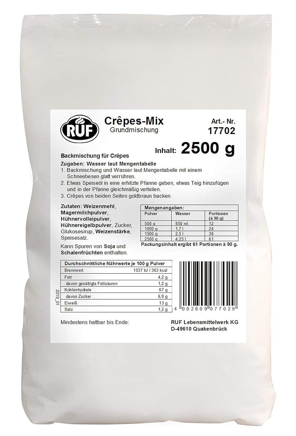RUF Waffel-Mix, Großpackung, Grundmischung Zur Herstellung Von Waffeln Im Waffeleisen, Für Großküchen, Kantinen, Hotell och restauranger, 1 X 2500G Mix för bakning och matlagning Naty Shop Crêpesteig Single