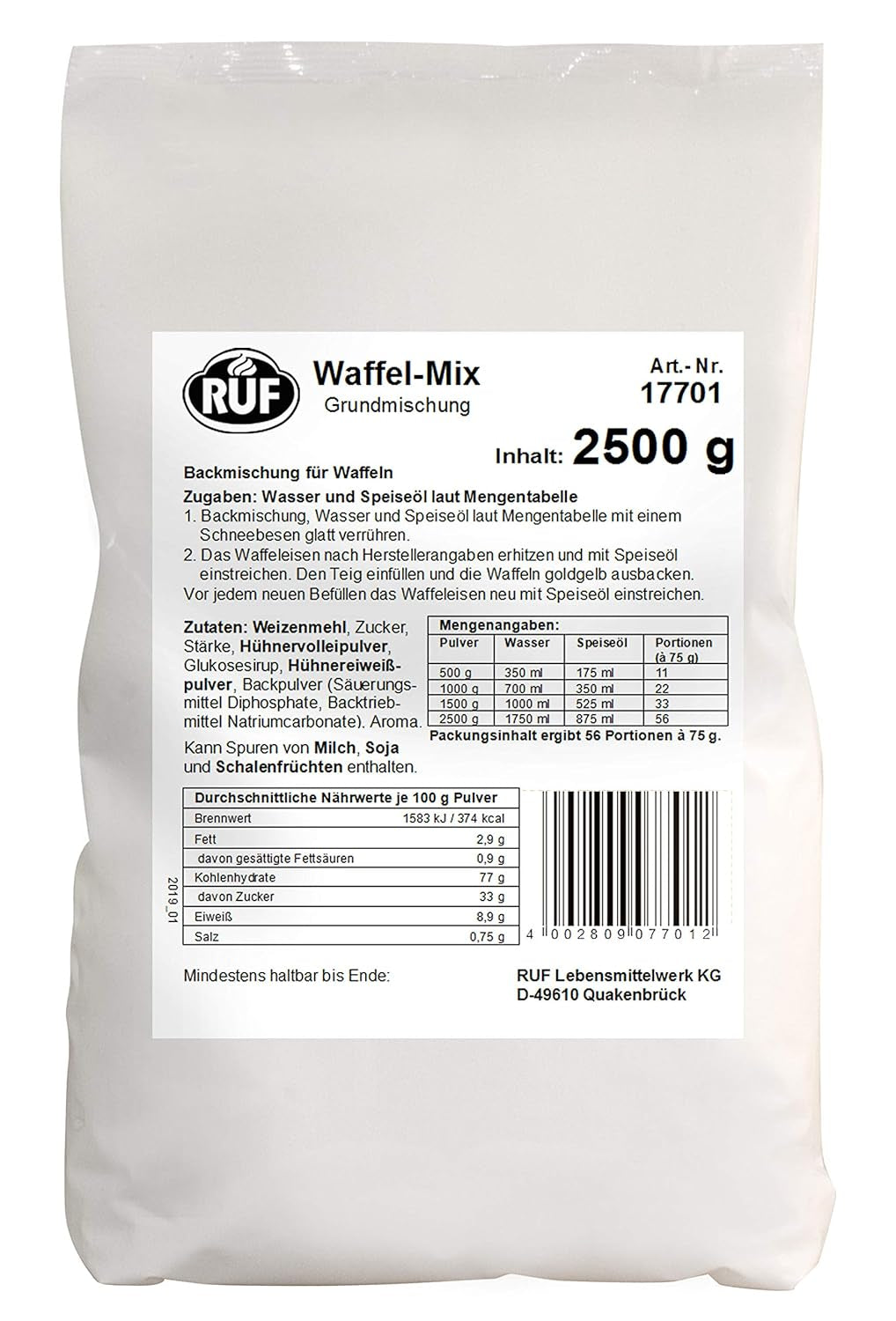 RUF Waffel-Mix, Großpackung, Grundmischung Zur Herstellung Von Waffeln Im Waffeleisen, Für Großküchen, Kantinen, Hotell och restauranger, 1 X 2500G Mix för bakning och matlagning Naty Shop Wafelteig Single