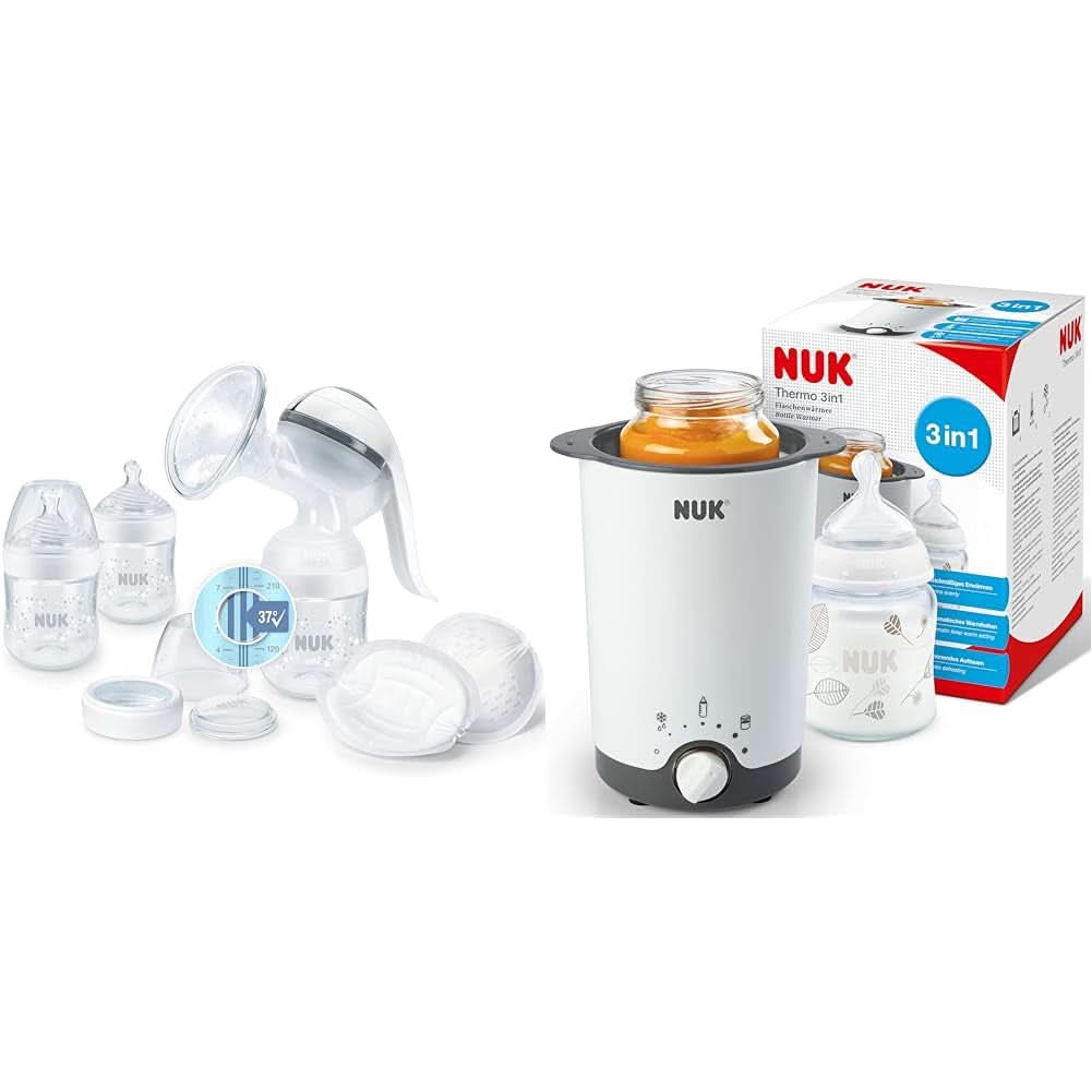 NUK Nature Sense manuell bröstpump | Amningsset med manuell bröstpump, flaskor och amningsskydd Ultra Dry Comfort | 6 st Mat och Amning Tillbehör Bebe Naty Shop Paket med flaskvärmare Med temperaturkontroll