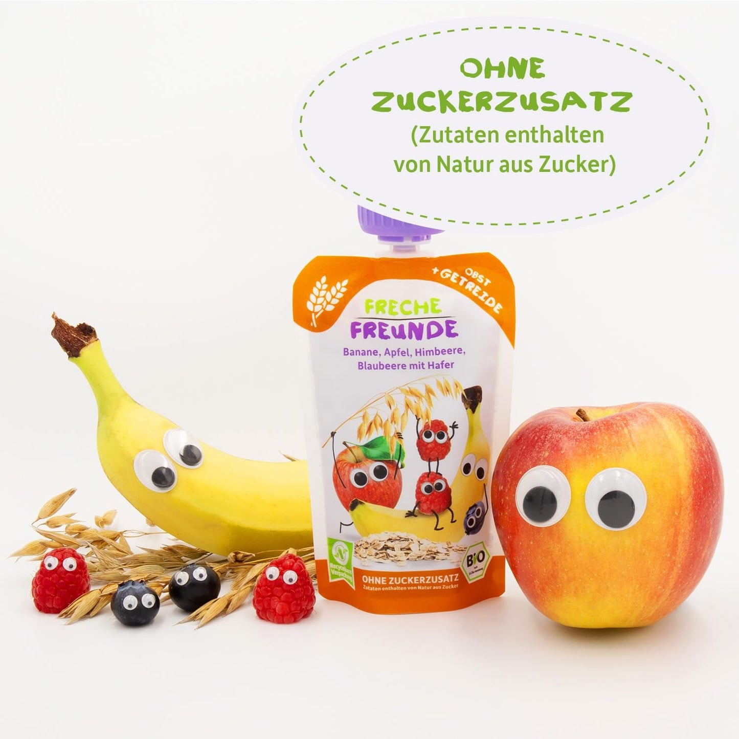 FRECHE FREUNDE Ekologisk fruktpåse Banan, äpple, hallon, blåbär med havre, fruktpuré med spannmål i en pressbar påse för bebisar från 6 månader, vegansk, 6-pack (6 x 100 g)
