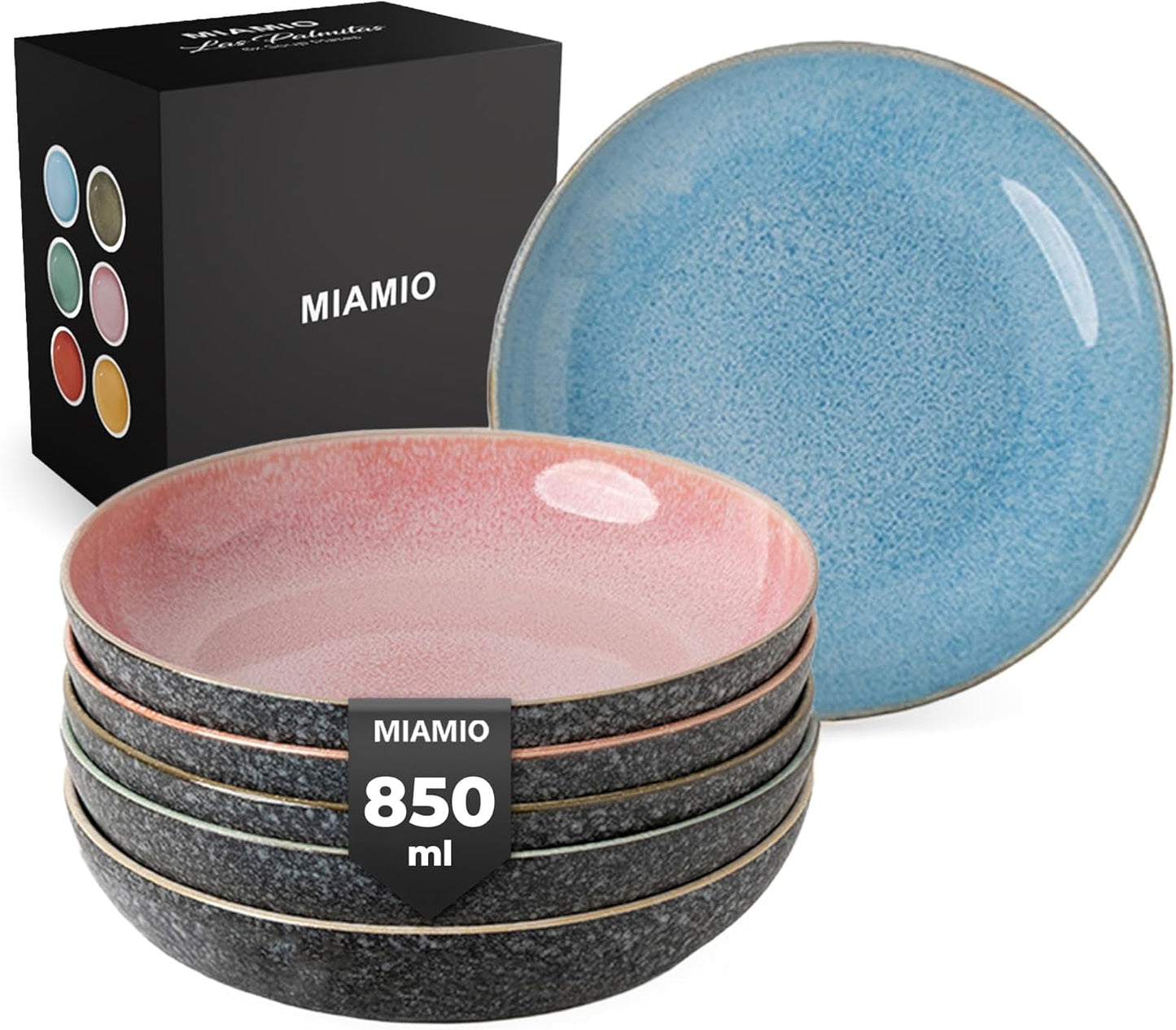 MIAMIO - Middagstallrikar, set med 6 (850 ml) / stora och djupa pastatallrikar, tallrikar för 6, keramisk salladsskål / diskmaskin och mikrovågssäker - Las Palmitas Collection