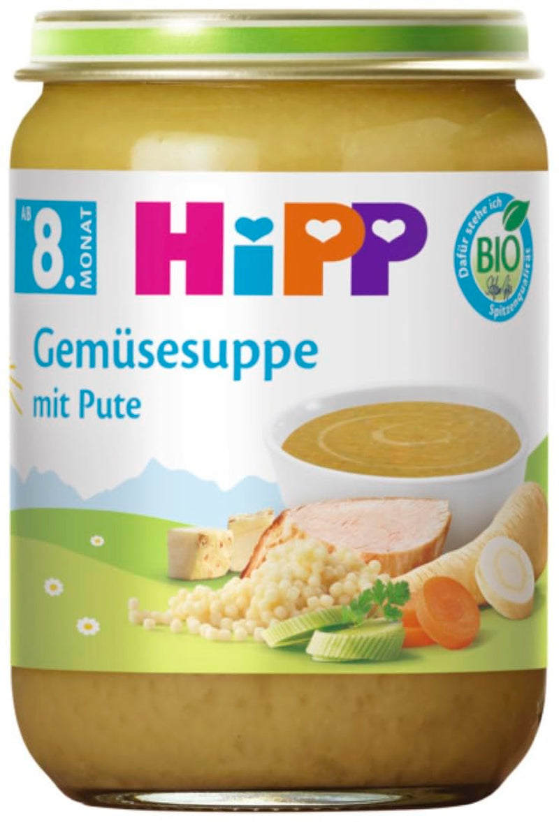 HiPP Bio kalkon grönsakssoppa (6 x 190g), från 8 månader, utan tillsatt salt, med Omega-3, av bästa ekologiska kvalitet