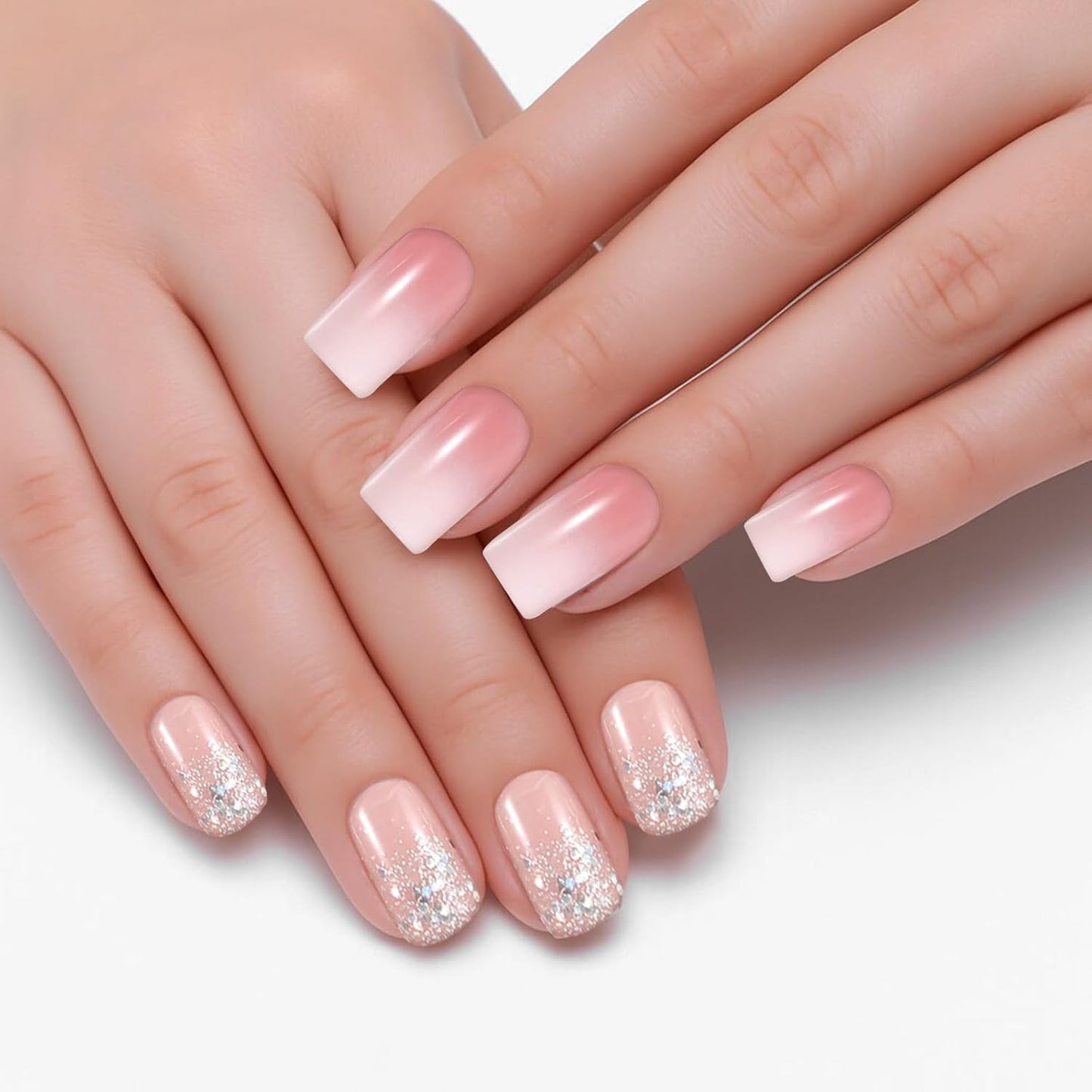 48st kort lim på naglar 2 stilar korta fyrkantiga franska naglar med nagellim och nagelfil Rosa Vit Ombre falska naglar för kvinnor
