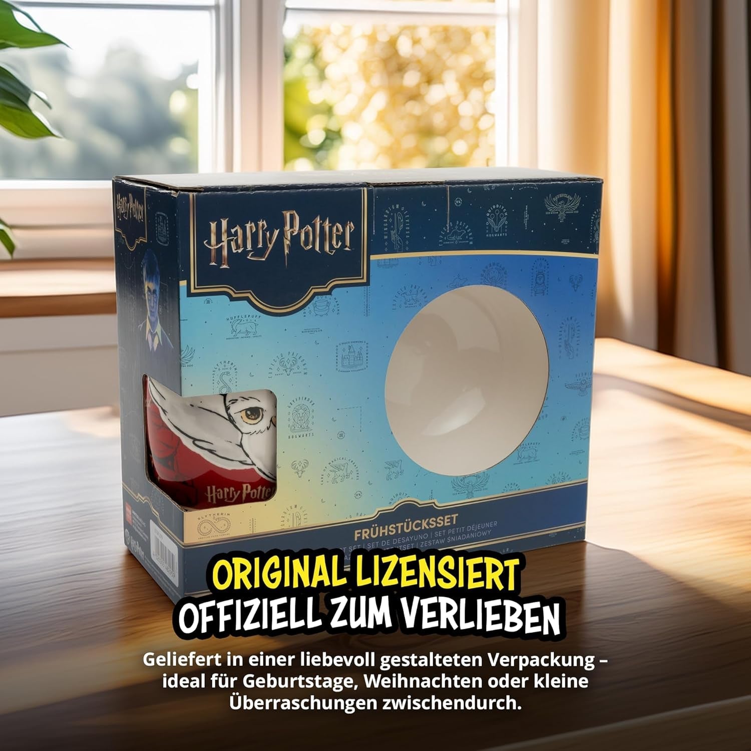 Harry Potter 3-delat servisset, rött, frukostset i porslin med tallrik Ø 19 cm, mugg 220 ml och skål 330 ml, servisset