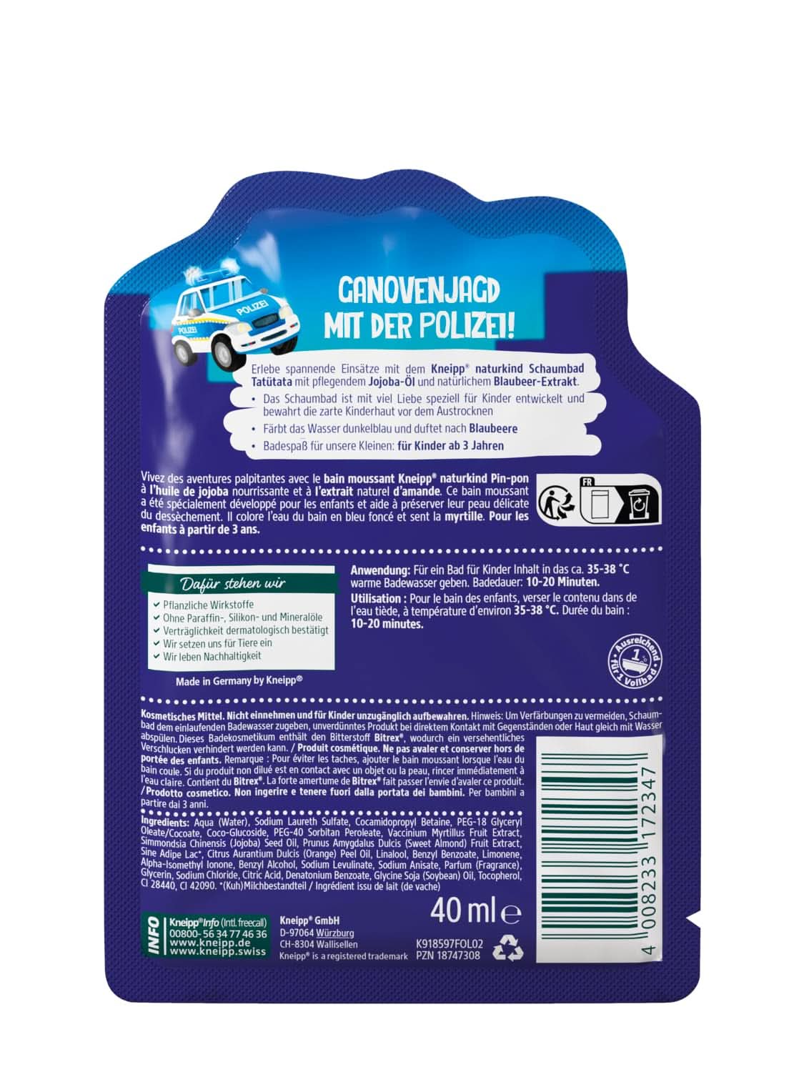 Kneipp Naturkind, badtillsats med närande jojobaolja och naturligt blåbärsextrakt, fruktig blåbärssmak, blått vatten, 40 ml Dusch och bad Naty Shop