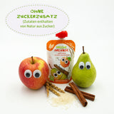 FRECHE FREUNDE Ekologisk pressbar fruktpåse Äpple Kanel Päron Ris Dinkelfruktpuré med flingor för bebisar 6 månader+ Vegansk 6-pack (6 x 100 g)