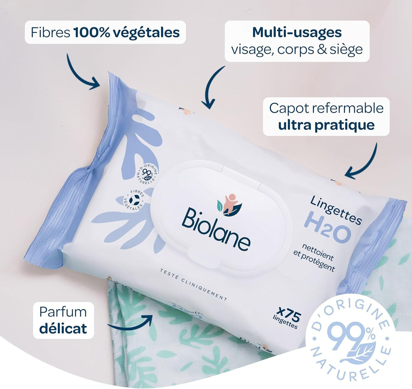 BIOLANE - Våtservetter för baby med vatten - 225 våtservetter - 3 x 75 stycken - Skonsam och effektiv rengöring - Från födseln - Fransk kvalitet