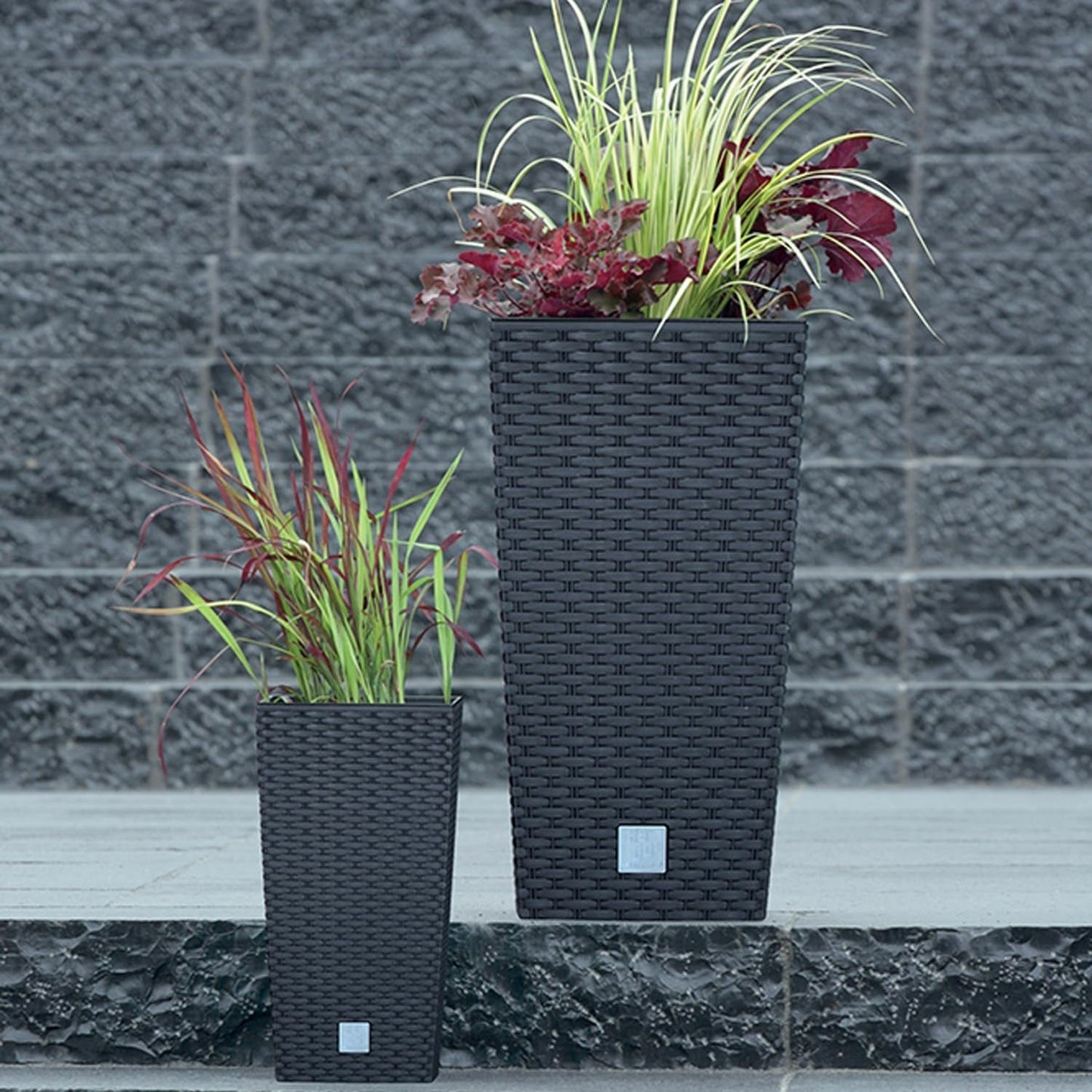 Prosperplast krukor/krukor i rottinglook med insats | 26,5 x 26,5 x 50 cm | antracit | väder- och UV-beständig | gjord av robust plast | för interiör och exteriör